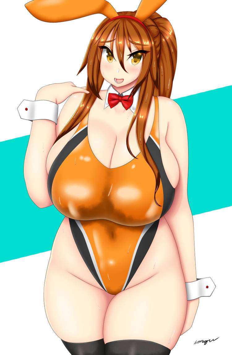 aki_(somegu) animal_ears big_breast big_breasts black_stockings bowtie bowtie_collar brown_hair brown_hair_female bunny_ear bunny_ears bunny_earsomegu bunny_girl bunny_tail bunnygirl huge_breast huge_breasts large_breast large_breasts long_brown_hair long_hair_female one_piece_swimsuit orange_swimsuit orange_swimwear somegu stockings swimsuit swimwear yellow_eyes