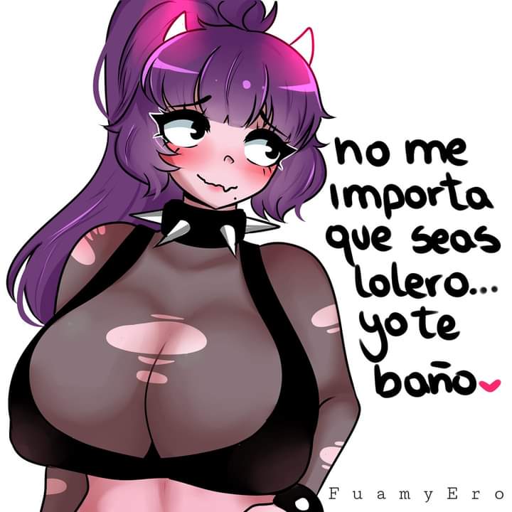 big_breasts blush breasts fuamyero hanano_(oc) purple_hair smile spanish_text wholesome