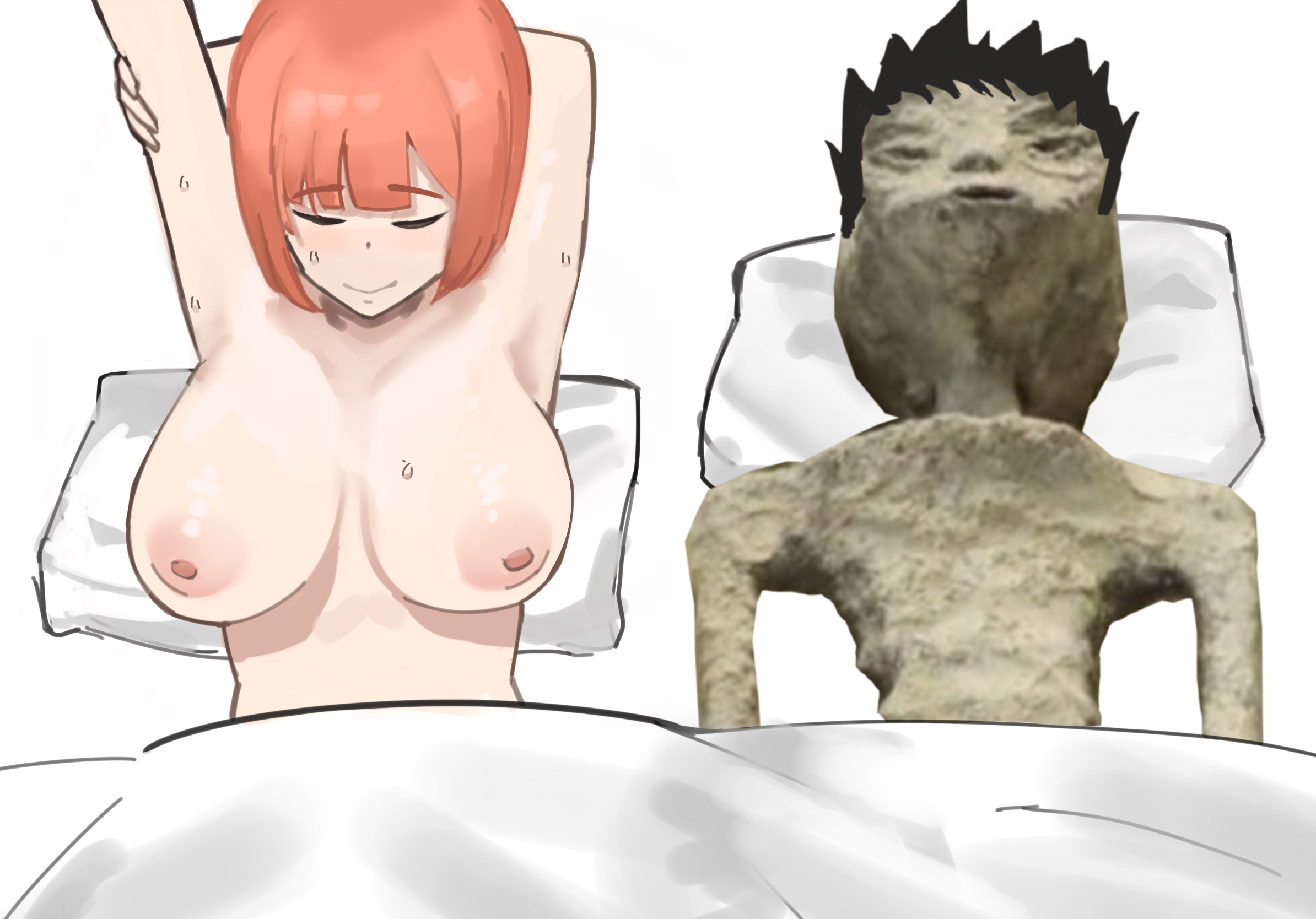 1boy, 1girls, after sex, armpits, arms behind head, bed, big breasts, black hair, breasts, busty, closed eyes, couple, dad (japanese mcdonald's commercial), female, funny, guy tired after sex (meme), highres, humor, husband and wife, large breasts, looking at viewer, lying, male, mature, mature female, mcdonald's, meme, mexico alien, milf, mom (japanese mcdonald's commercial), nipples, nude, orange hair, pointy hair, sensual, sexy armpits, short hair, smile, stretching, sweat, ufo, voluptuous, yoru mac, yuba (yu8 yu8)