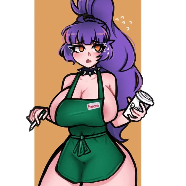 barista big_breasts breasts curvy employee employee_uniform female female_only fuamyero hanano_(oc) hourglass_figure naked_apron purple_hair starbucks