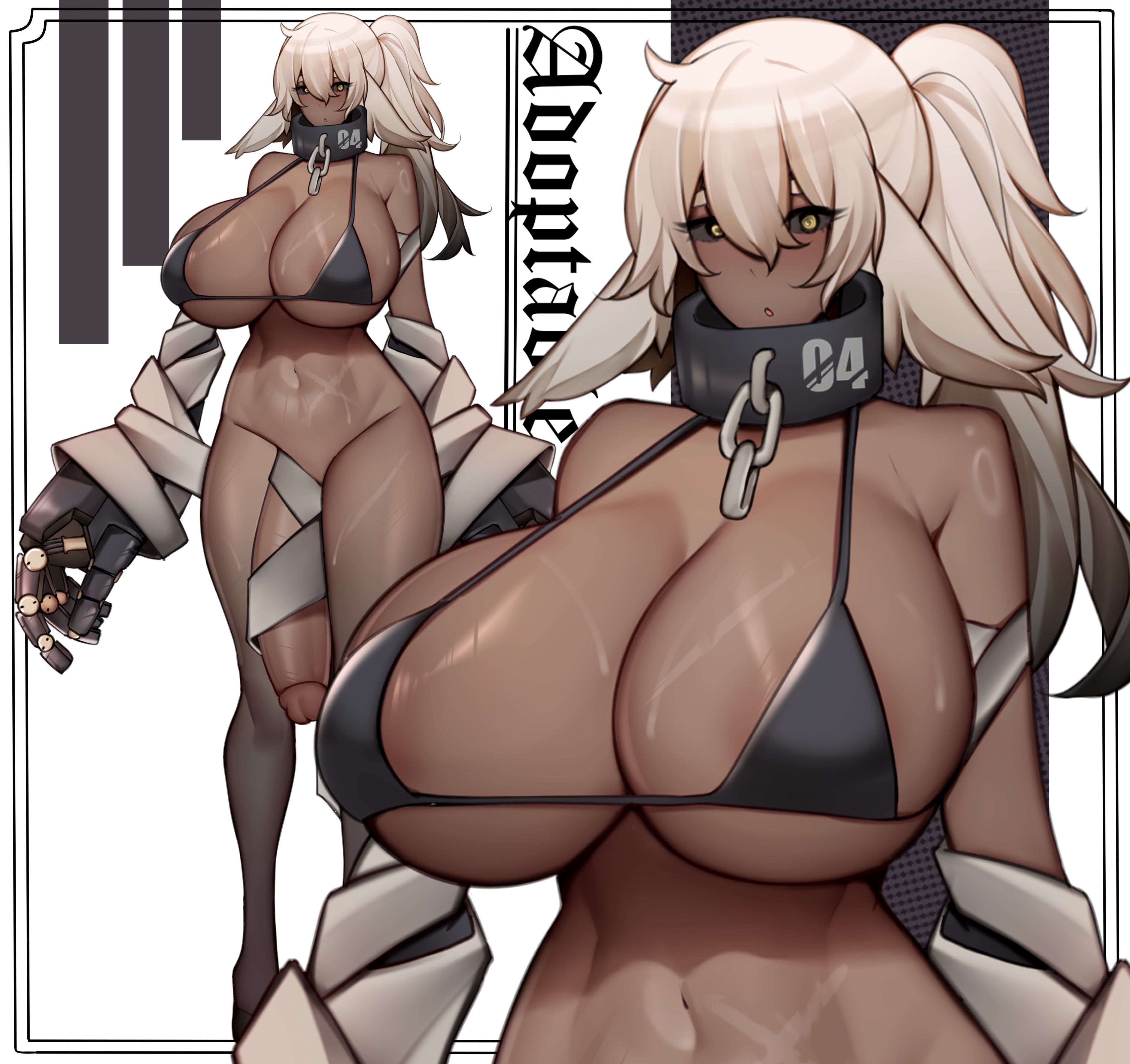 1futa, adoptable, bikini, bottomless, breasts, clothed, clothing, dark skin, dark-skinned futa, flaccid, futa only, futanari, huge breasts, huge cock, human, intersex, large penis, long hair, mostly nude, original, original character, penis, simple background, solo, solo futa, standing, thick thighs, unbeller, uncensored