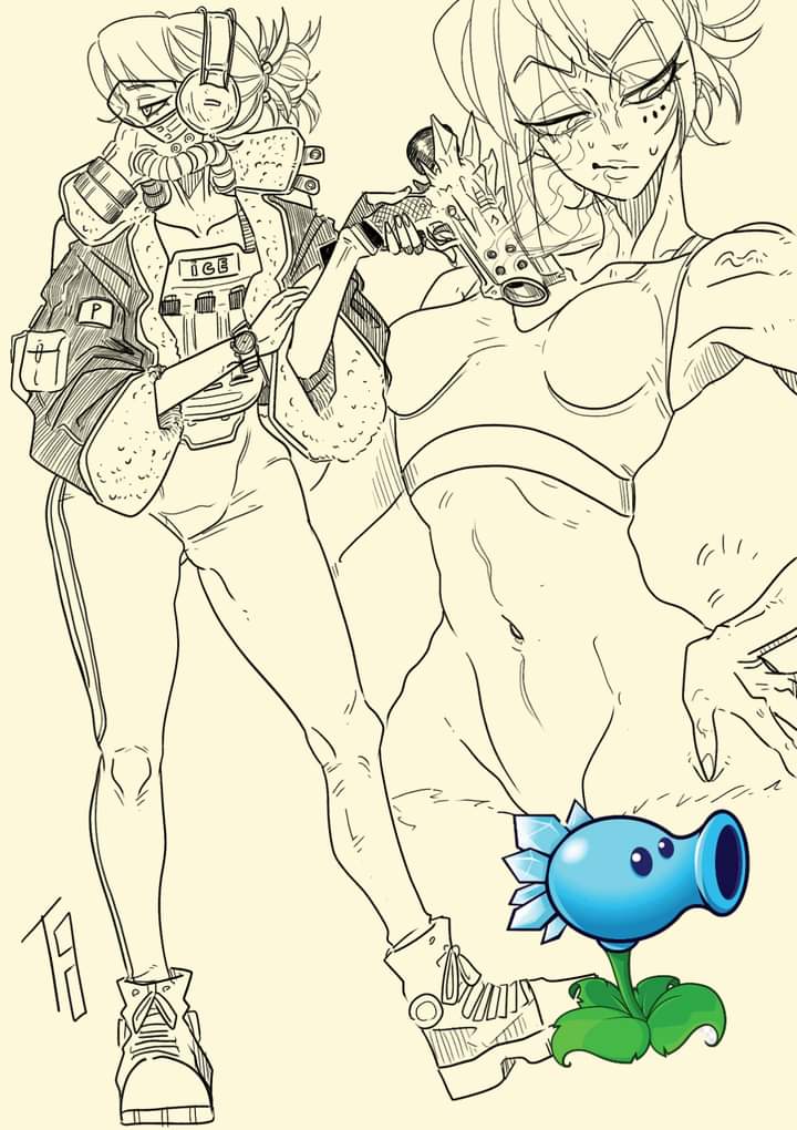 2d anthropomorphic anthropomorphism black_and_white cold fit_female gas_mask ice jacket leggings lineart military plants_vs_zombies pvz small_breasts snow_pea_(pvz) thin_waist