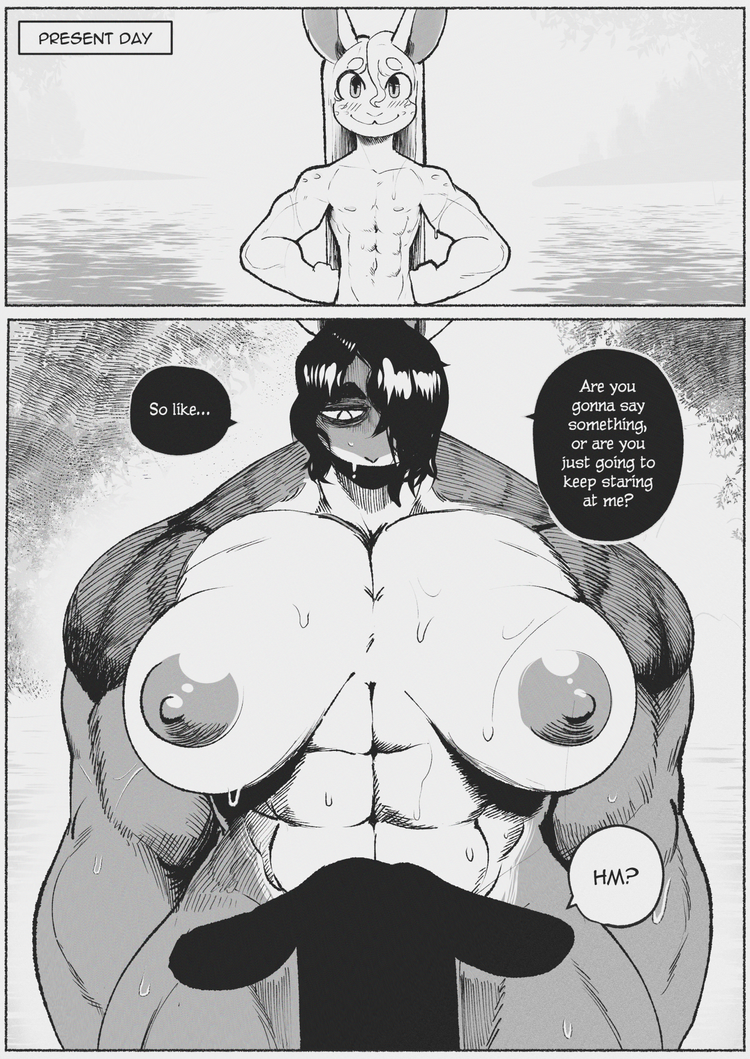 2023 abs anthro areola black_and_white breasts comic dialogue digital_media_(artwork) duo english_text female gynomorph_(lore) hair hare lagomorph lake leporid looking_at_another male mammal monochrome muscular muscular_anthro muscular_male nipples nude one_eye_obstructed partially_submerged peculiart rabbit ruth_(peculiart) short_hair speech_bubble stig_(peculiart) text wet_body wet_hair