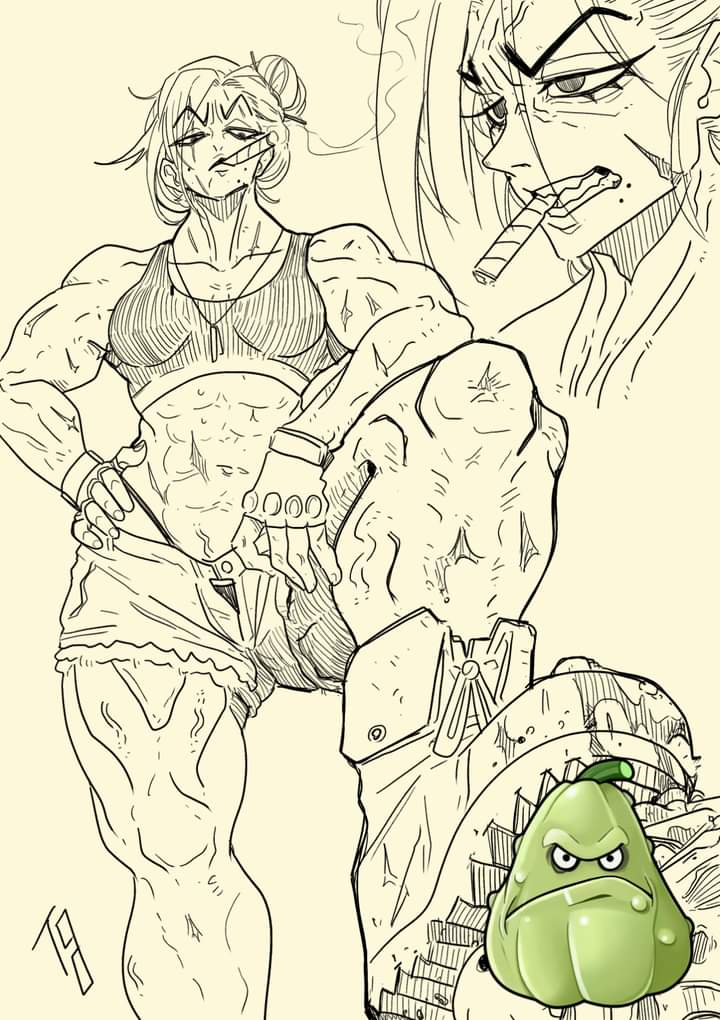 2d anthropomorphic anthropomorphism black_and_white bodybuilder chayote_(pvz) female female_focus giant_muscles lineart military muscular muscular_female no_sex plants_vs_zombies pvz scar scar_on_face shorts smoking tied_hair topwear