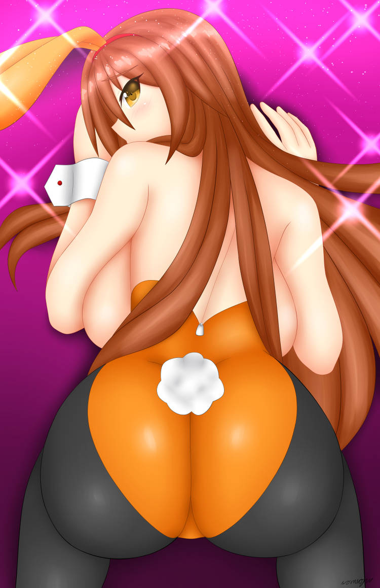 aki_(somegu) animal_ears ass_focus big_breast big_breasts bowtie bowtie_collar brown_hair brown_hair_female bunny_costume bunny_ear bunny_ears bunny_girl bunny_tail bunnygirl bunnysuit butt_focus huge_breast huge_breasts large_breast large_breasts long_brown_hair long_hair_female looking_back somegu yellow_eyes