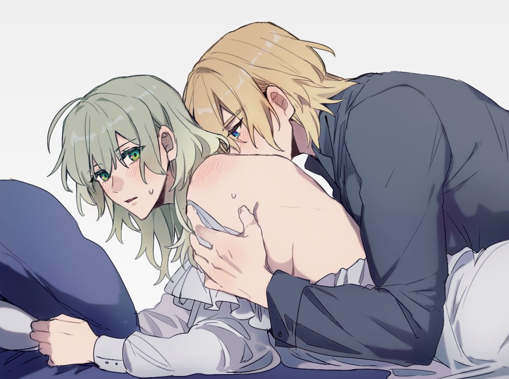 1boy 1girls bed blonde_hair blue_eyes breasts byleth_(fire_emblem) byleth_(fire_emblem)_(female) dimitri_alexandre_blaiddyd female fire_emblem fire_emblem:_three_houses green_eyes green_hair kissing kkomcce long_sleeves looking_back male medium_breasts medium_hair nintendo off_shoulder on_bed open_mouth pillow short_hair sideboob undressing