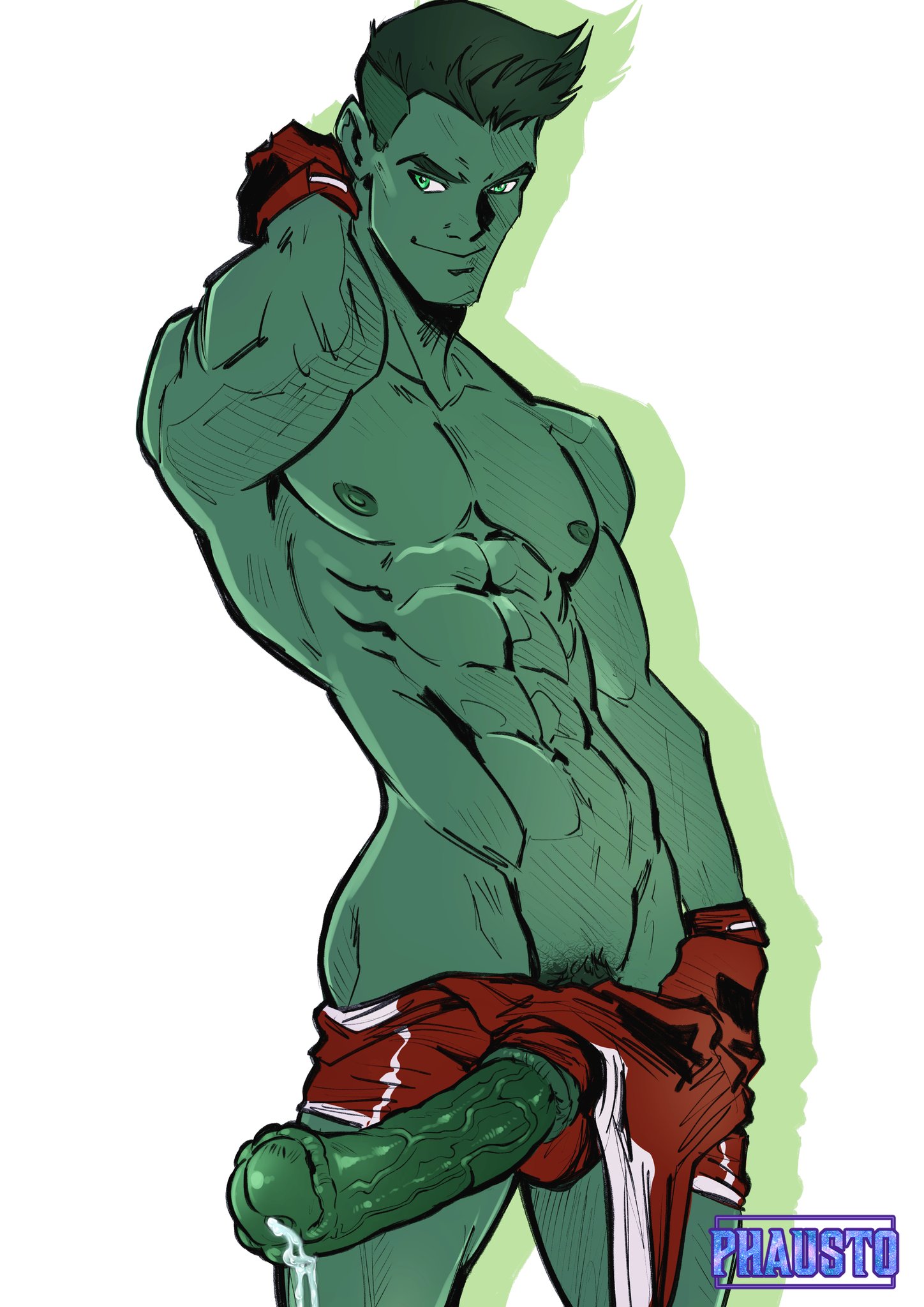 1boy, abs, beast boy, big penis, boner, cum, dc, dc comics, erection, garfield logan, green body, green eyes, green hair, green skin, horse penis, horsecock, human with animal genitalia, human with horsecock, male, male focus, male only, nipples, penis, phausto, smile, solo, solo focus, solo male, teen titans