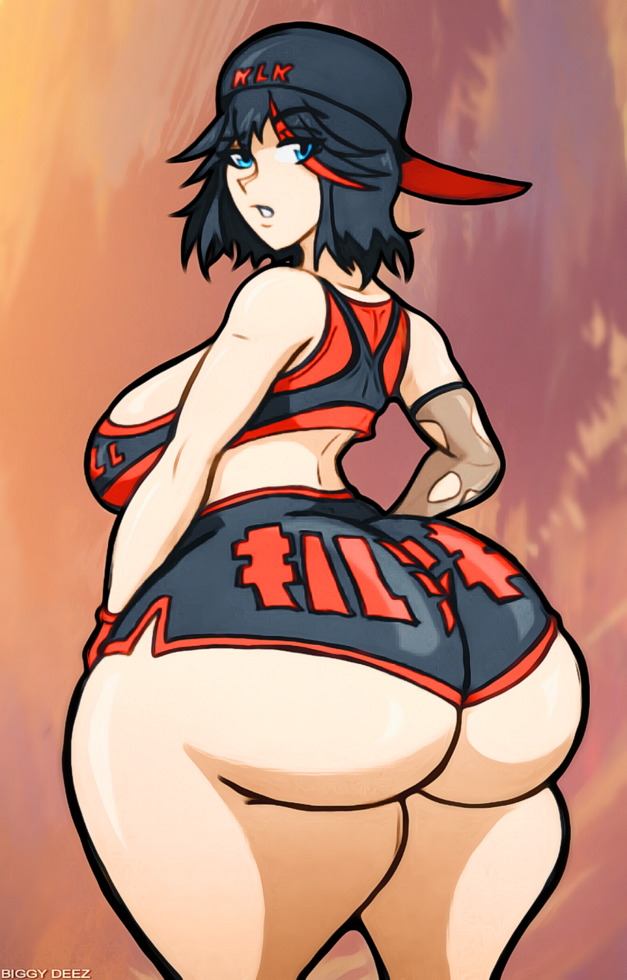 1girls, ass, backwards hat, big ass, biggy deez, bottom heavy, breasts, bubble ass, bubble butt, crop top, fat ass, female, female only, hat, huge ass, kill la kill, large ass, looking at viewer, looking back, matoi ryuuko, shorts, solo, thick ass, thick thighs, wide hips
