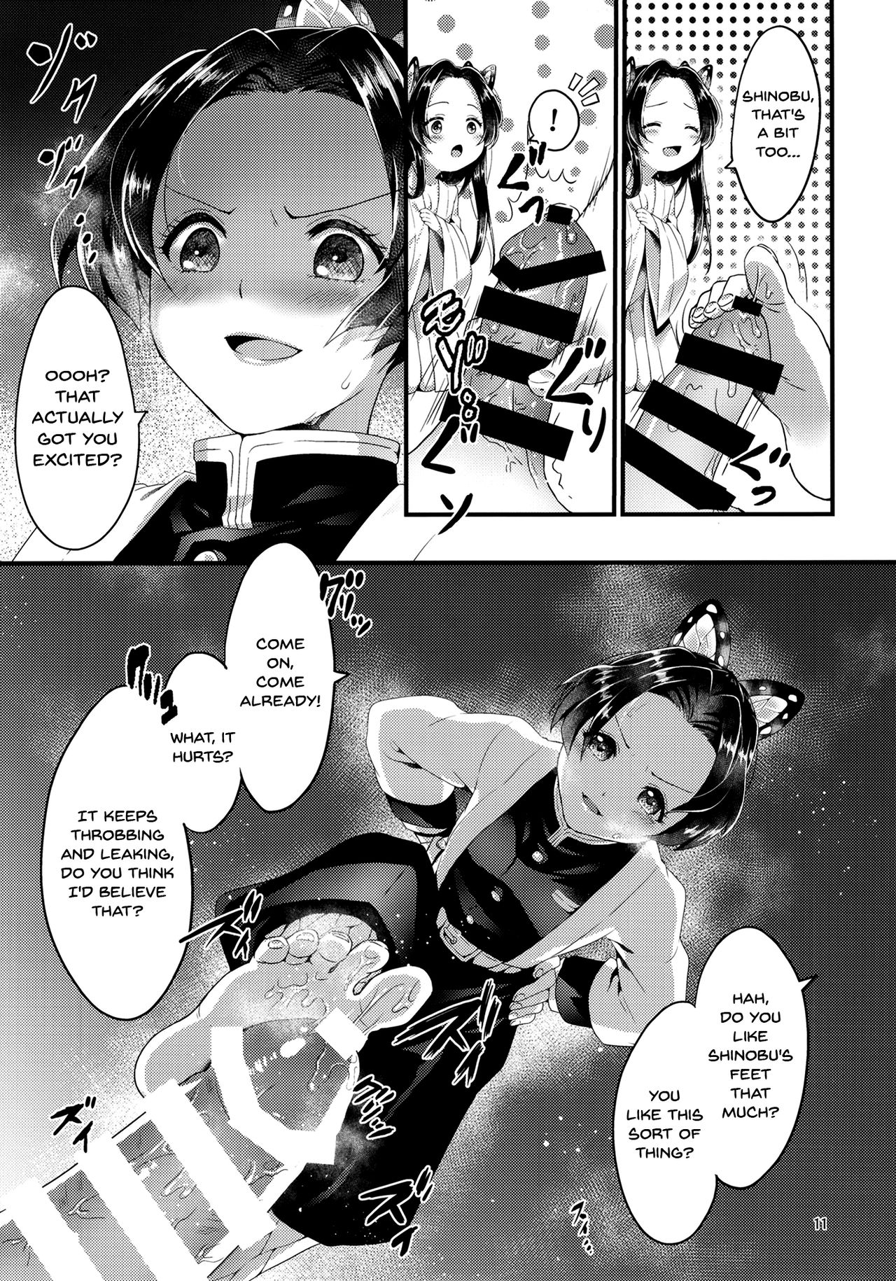 1boy, 2girls, blush, cum, demon slayer, female, footjob, kimetsu no yaiba, kochou kanae, kochou shinobu, looking at viewer, male, monochrome, sha (pixiv), short hair, sweatdrop
