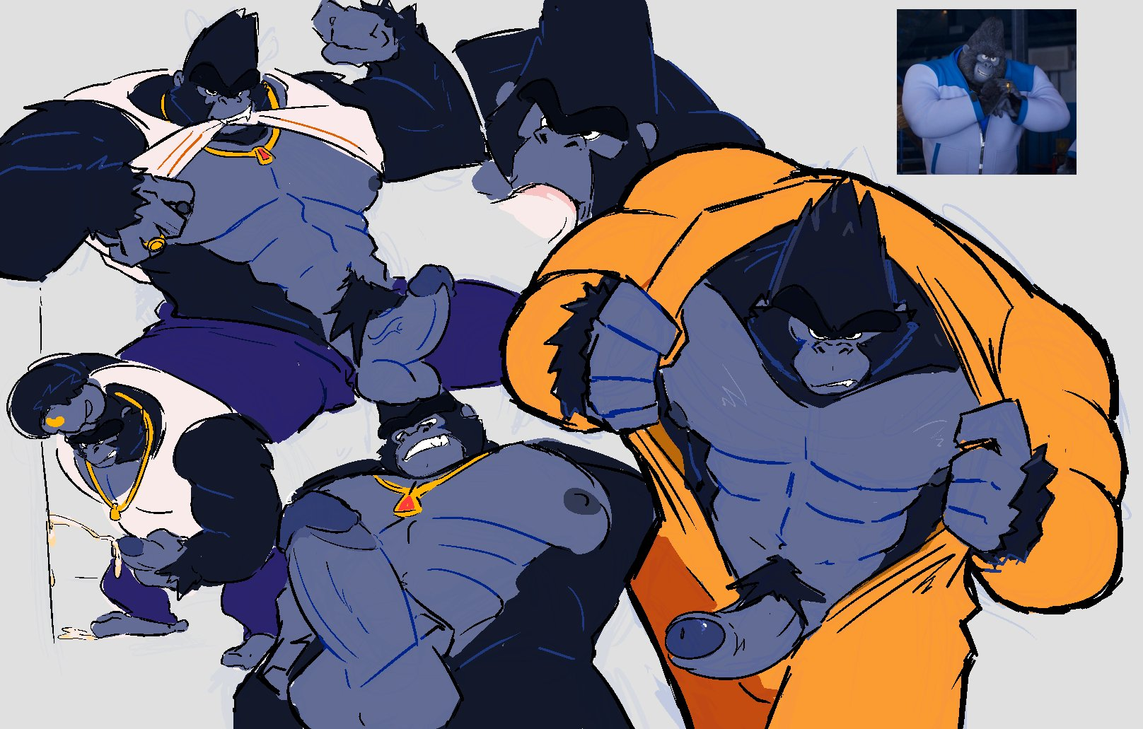 angry, anthro, ape, big daddy (sing), closed eyes, clothed, clothing, collar, collar only, cum, genitals, gorilla, haplorhine, hi res, illumination entertainment, lakingmoxxie, looking down, male, male only, mammal, masturbation, muscular, muscular anthro, muscular male, nude, oral, partially clothed, penis, primate, sing (movie), solo, vein, veiny penis