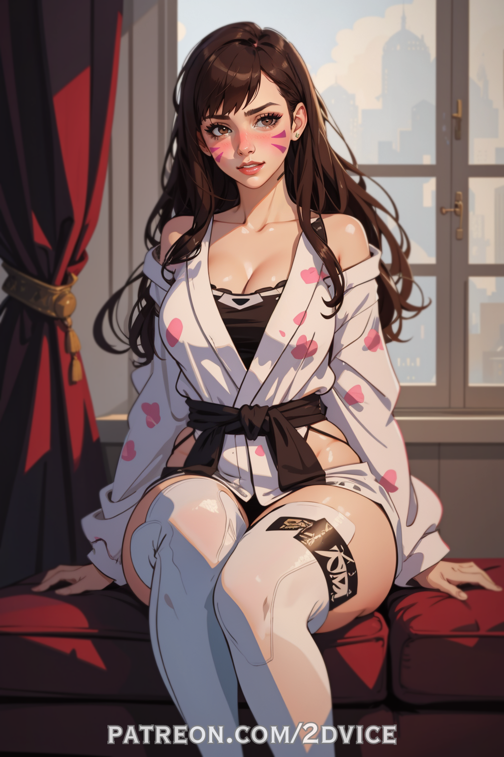 2dvice ai_generated brown_eyes brown_hair cosplay cute d.va female_only game_cg heroine kimono nightgown overwatch overwatch_2 purple stockings