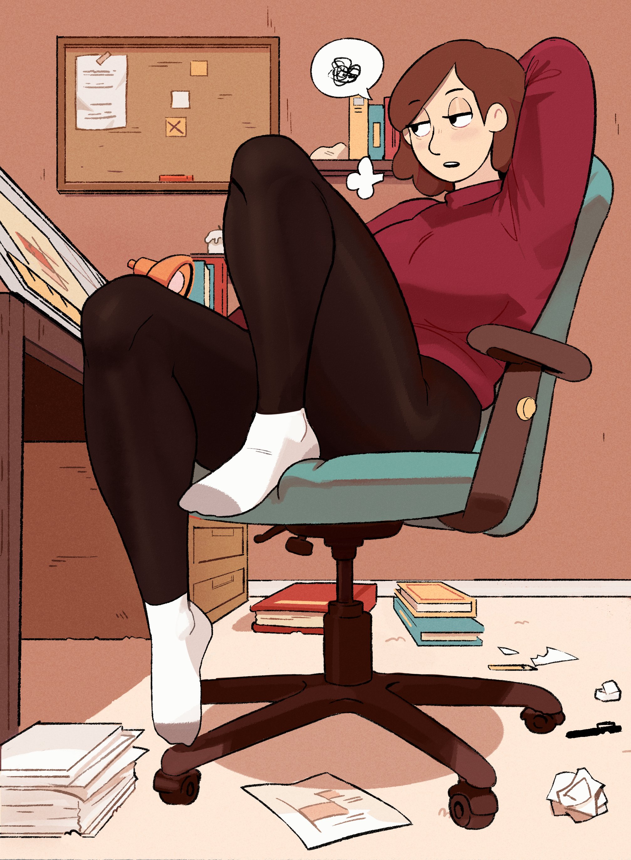 2d, annoyed, annoyed expression, annoyed face, ass, big ass, big breasts, black eyes, breasts, brown hair, brown pants, clothed, clothing, feet, female, hilda (series), huge ass, huge breasts, johanna (hilda), large ass, large breasts, light skin, light-skinned female, milf, newtype hero, pants, red sweater, short hair, socks, solo, sweater, thick, thick ass, thick body, thick breasts, thick butt, thick hips, thick legs, thick thighs, thighs, twitter link, voluptuous, voluptuous female, white socks, wide hips