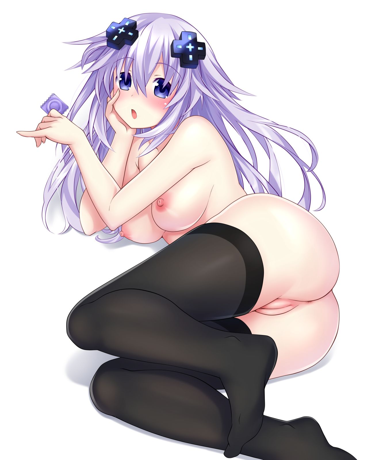 adult_neptune ass blush breasts condom d-pad_hair_ornament gabriel_evangel long_hair looking_at_viewer looking_back lying_on_side neptunia_(series) nipples nude open_mouth purple_eyes purple_hair pussy simple_background solo stockings uncensored