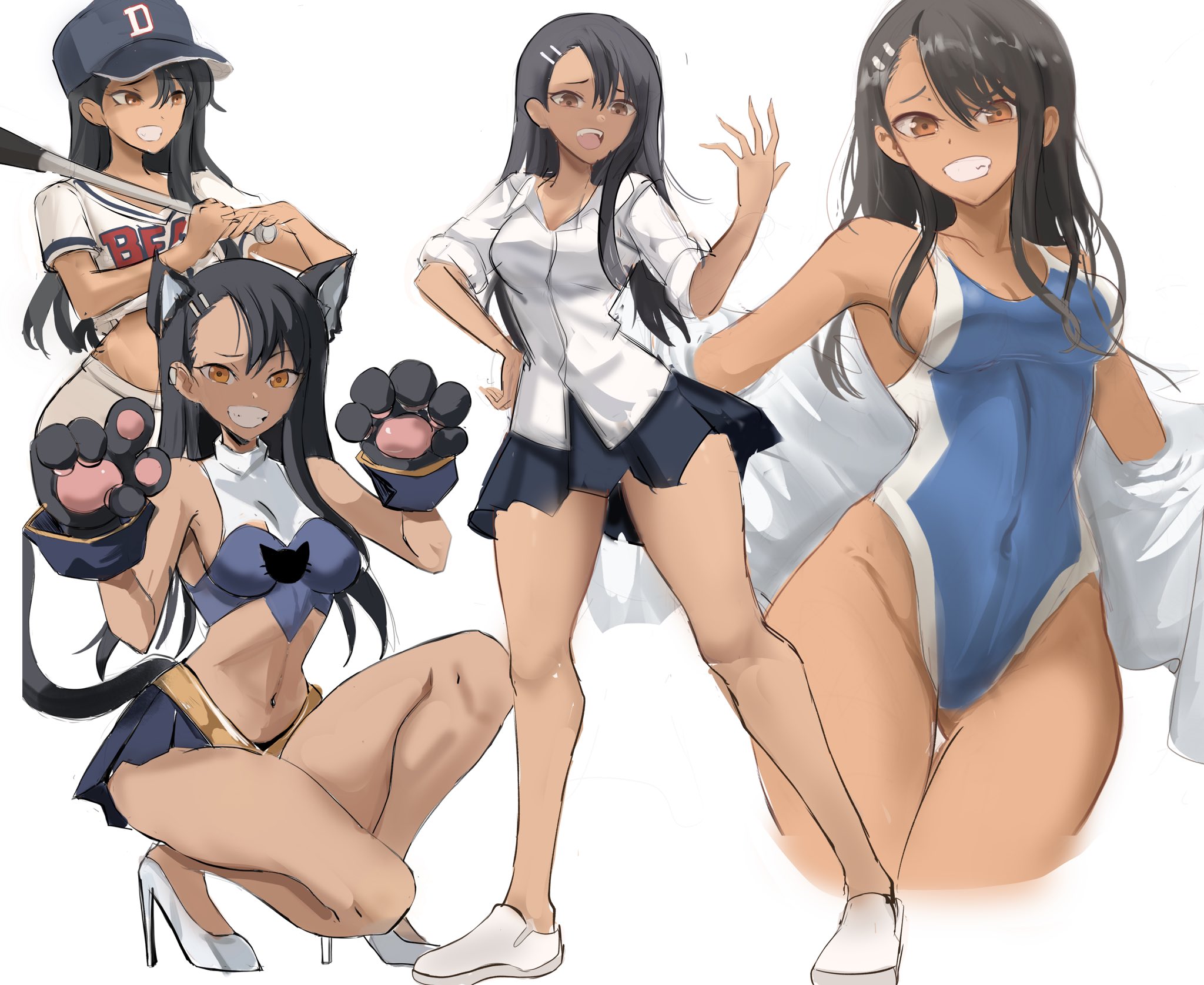 1girls, baseball bat, baseball cap, black hair, breasts, brown eyes, cat ears, cat tail, clothed, clothing, female, female focus, female only, hayase nagatoro, hi res, highres, long hair, looking at viewer, medium breasts, navel, navel piercing, please don't bully me, nagatoro, pose, rakeemspoon, revealing clothes, simple background, solo, swimsuit, tan, tan body, tan skin, tan-skinned female, tanned, tanned female, white background