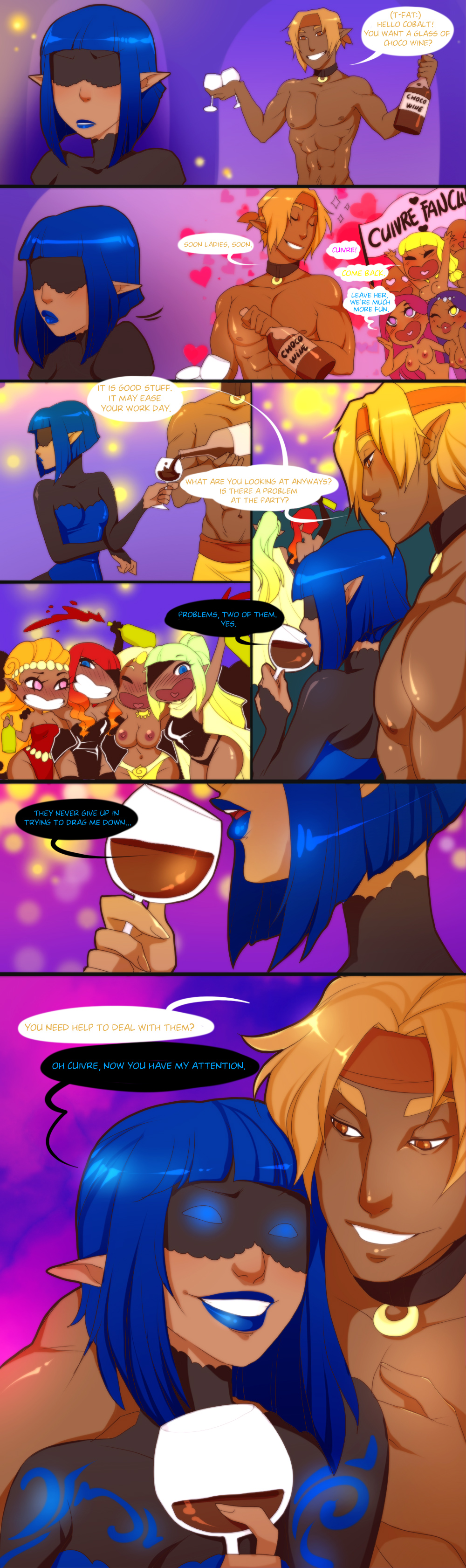 1boy blindfold blue_hair collar comic comic_page dark_elf dark_skin elf eyepatch harem headband lunareth monster_girl multiple_girls muscular_male orange_hair original original_character petite pointy_ears shirtless_male short_hair topless_female wine wine_bottle wine_glass