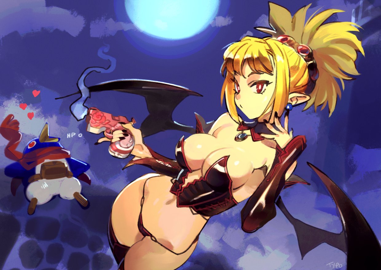 breasts demon_girl demon_wings disgaea disgaea_2 hero_prinny large_breasts lingerie nippon_ichi_software optionaltypo pistol prinny prinny:_can_i_really_be_the_hero? rozalin underwear underwear_only visible_nipples