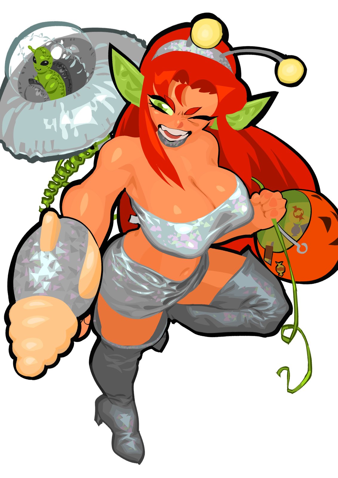 1girls alien antennae bent_leg cleavage dc dc_comics female female_only green_eyes halloween halloween_costume hi_res long_hair nipple_bulge one_eye_closed pointy_ears red_hair solo standing_on_one_leg starfire teen_titans ufo white_background zillionaire