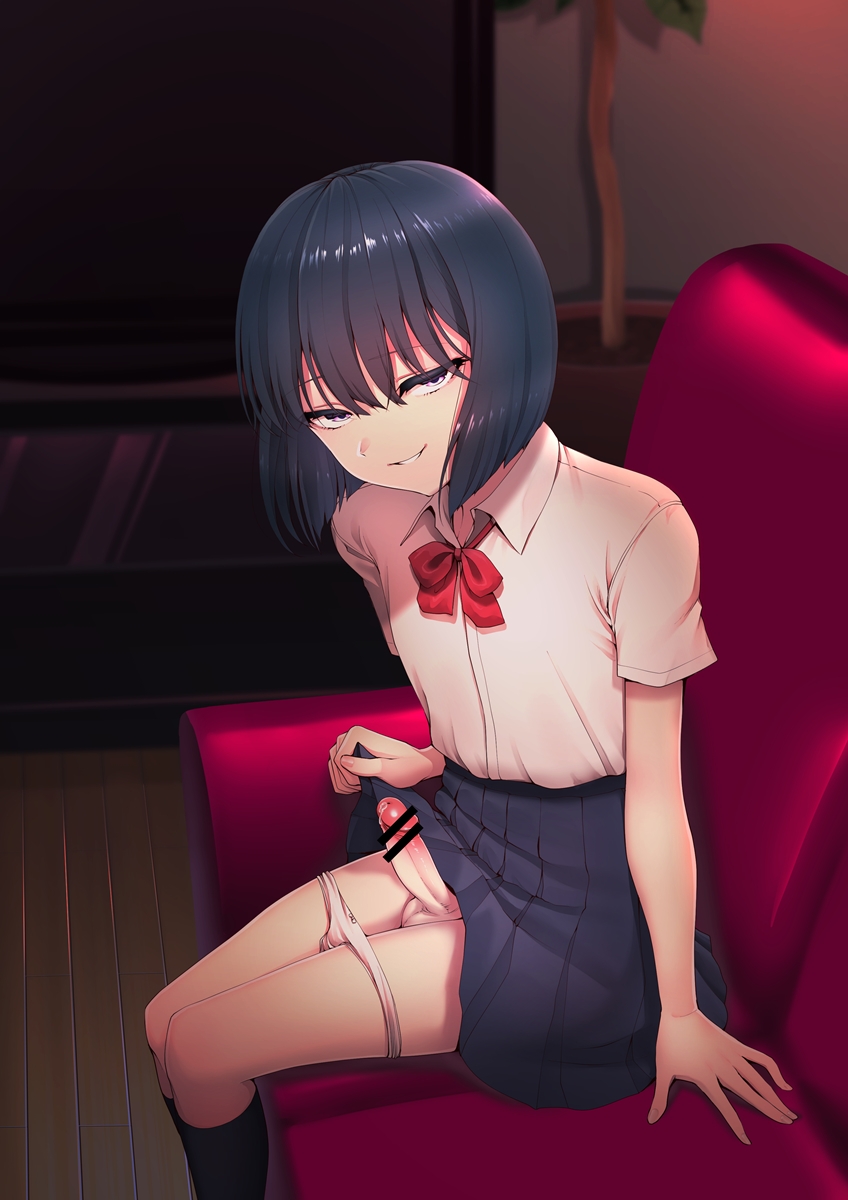 1boy arm_support black_hair blue_skirt bob_cut bow bowtie censored cheating clothes_lift couch crossdressing cucked_by_femboy cuckold erection femboy femboydom girly grin hair_between_eyes half-closed_eyes highres hokuro_ryuuseigun indoors josou_seme lifted_by_self looking_at_viewer male male_focus male_only medium_hair miniskirt netorare ntr on_couch original otoko_no_ko panties panty_pull penis pleated_skirt purple_eyes red_bow red_bowtie school_uniform shirt shirt_tucked_in short_hair siscon sitting skirt skirt_lift small_penis smile solo tagme testicles textless_version trap underwear white_panties white_shirt