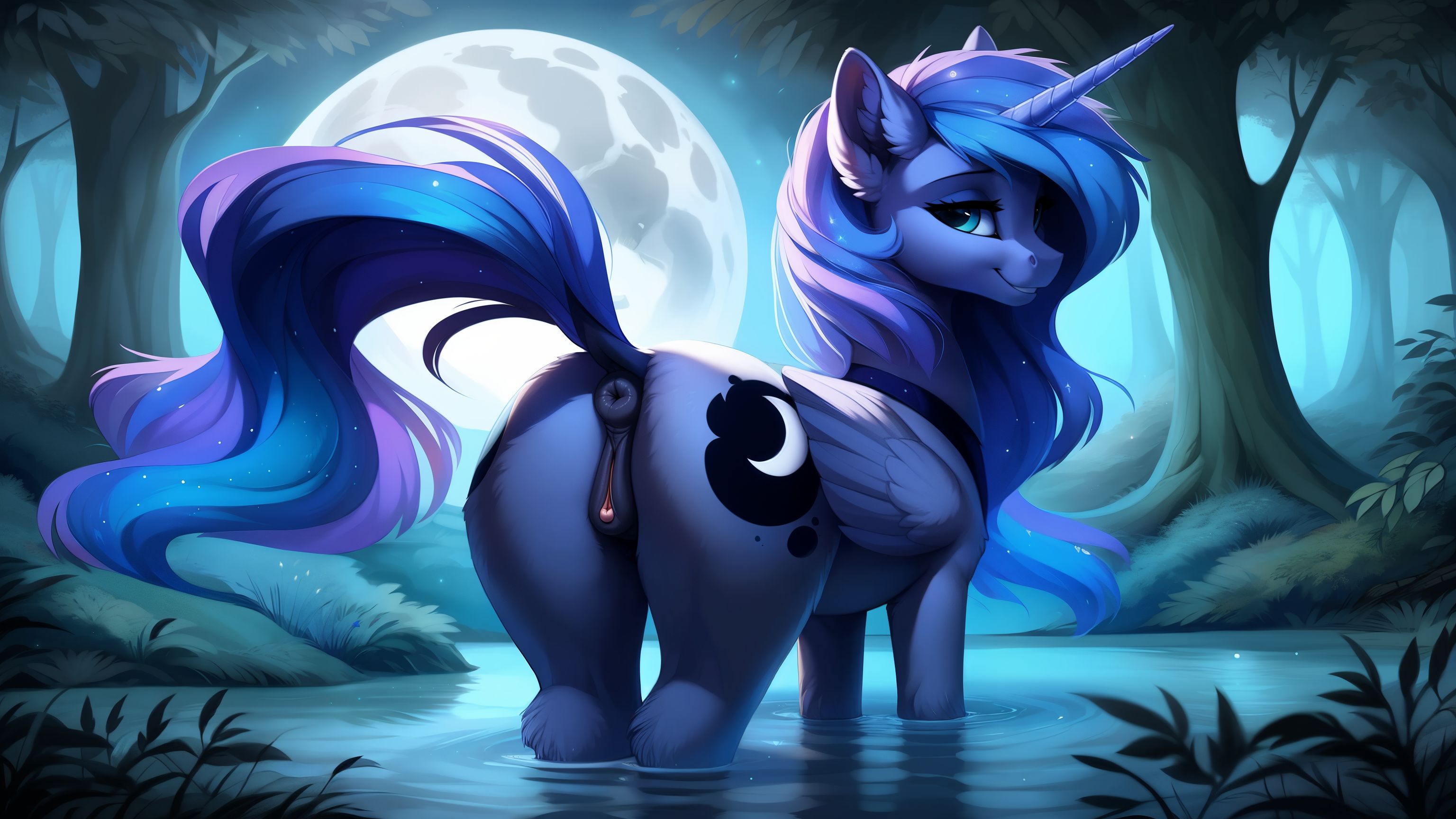 1girls, ai generated, alicorn, anatomically correct, animal genitalia, animal pussy, anus, ass, blue body, blue eyes, blue fur, blue hair, blue mane, blue tail, clitoris, cutie mark, dock, equid, equine, equine anus, equine pussy, female, female only, feral, feral only, friendship is magic, full moon, fur, hair, hasbro, horn, looking back, mammal, mane, mare, moon, my little pony, ponut, presenting hindquarters, princess luna (mlp), puffy anus, pussy, rear view, stable diffusion, tail, water, wings