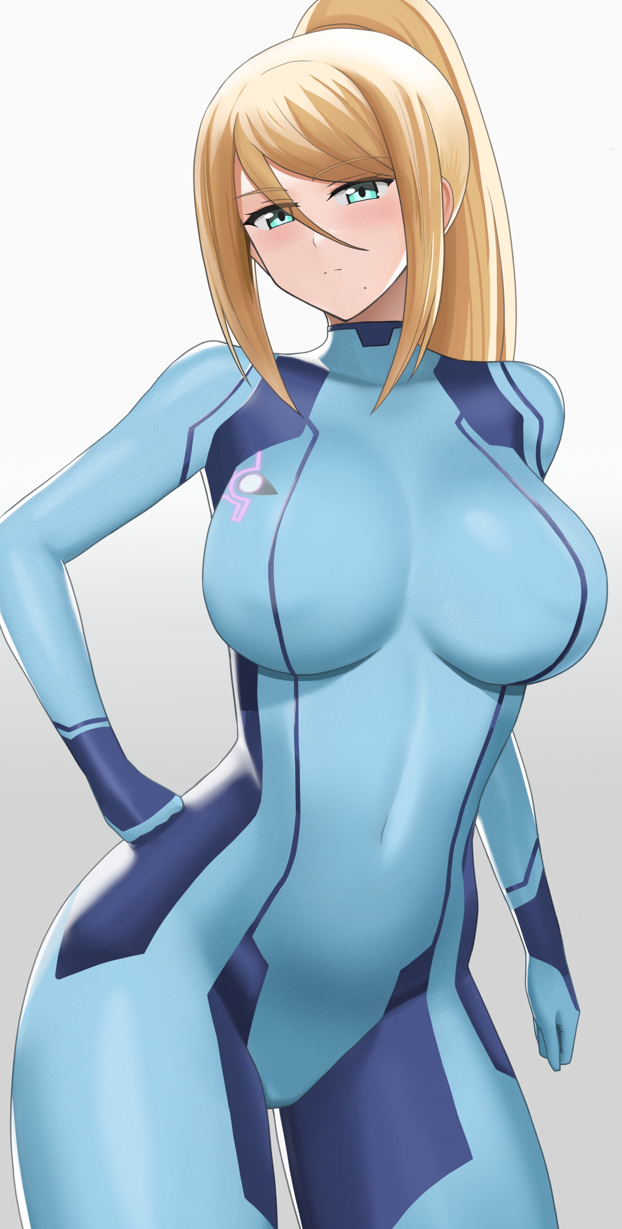 1girls, blonde hair, blue clothing, breasts, female, female only, fully clothed, higohushi, looking at viewer, metroid, nintendo, samus aran, solo, tagme, tight clothing, zero suit, zero suit samus