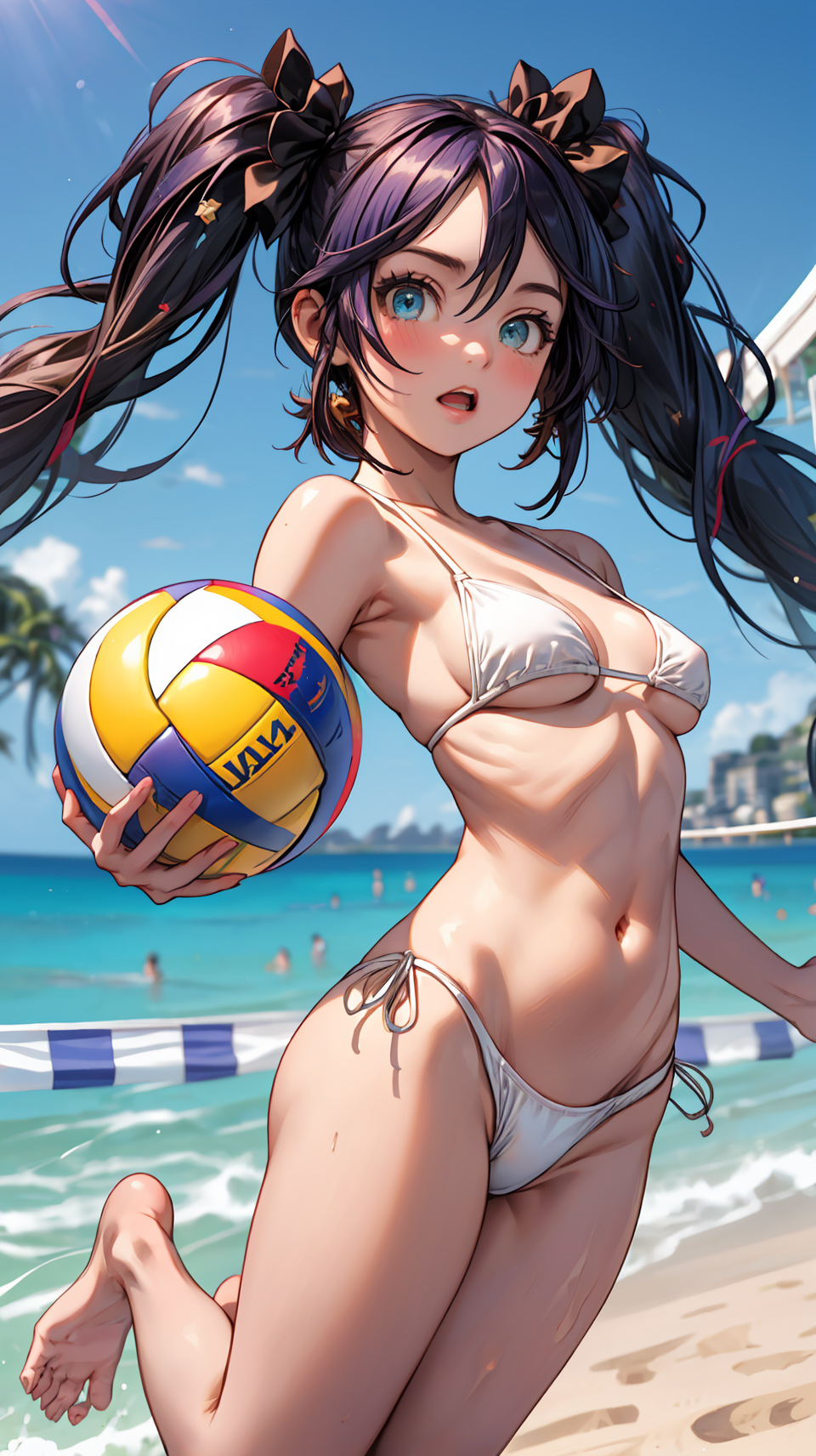 1girls, ai generated, athletic, ball (object), bare shoulders, beach, beach volleyball, belly, bikini, bikini bottom, bikini top, black hair, blue eyes, blush, breasts, cowboy shot, curvy figure, dark hair, day, detailed, earrings, eyelashes, female, female only, fit, fit female, from behind, genshin impact, hair ornaments, high quality, horny, light skin, light-skinned female, lipstick, long hair, looking at viewer, mascara, medium breasts, mona (genshin impact), navel, ocean, open mouth, outdoors, pale skin, pale-skinned female, petite, ponytails, posing, sidelocks, small breasts, solo, stable diffusion, standing, stomach, string bikini, string panties, tagme, thin waist, tights, volleyball, waist, water, white bikini, white swimsuit, young
