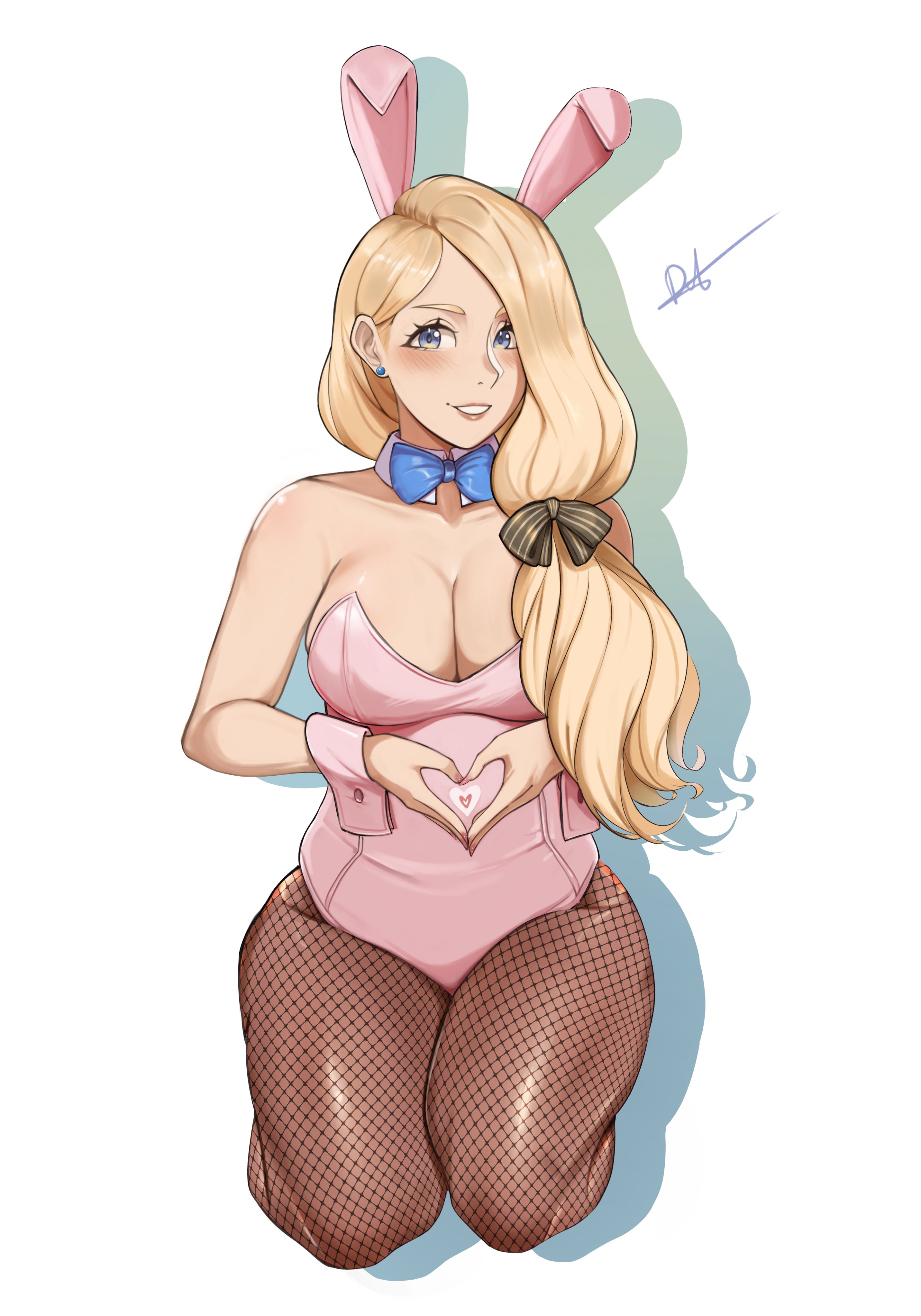 1girls, absurdres, alternate costume, animal ears, black bow, blonde hair, blue eyes, bow, breasts, bunny ears, bunny girl, bunnysuit, cleavage, commentary, delicious brain, deliciousbra, fake animal ears, female, female only, fire emblem, fire emblem: three houses, fishnet pantyhose, fishnets, grin, hairbow, heart, heart hands, highres, leotard, long hair, looking at viewer, mercedes von martritz, nintendo, pantyhose, pink leotard, playboy bunny, rabbit ears, revision, seiza, sitting, smile, solo, strapless, strapless leotard, thighs, white background
