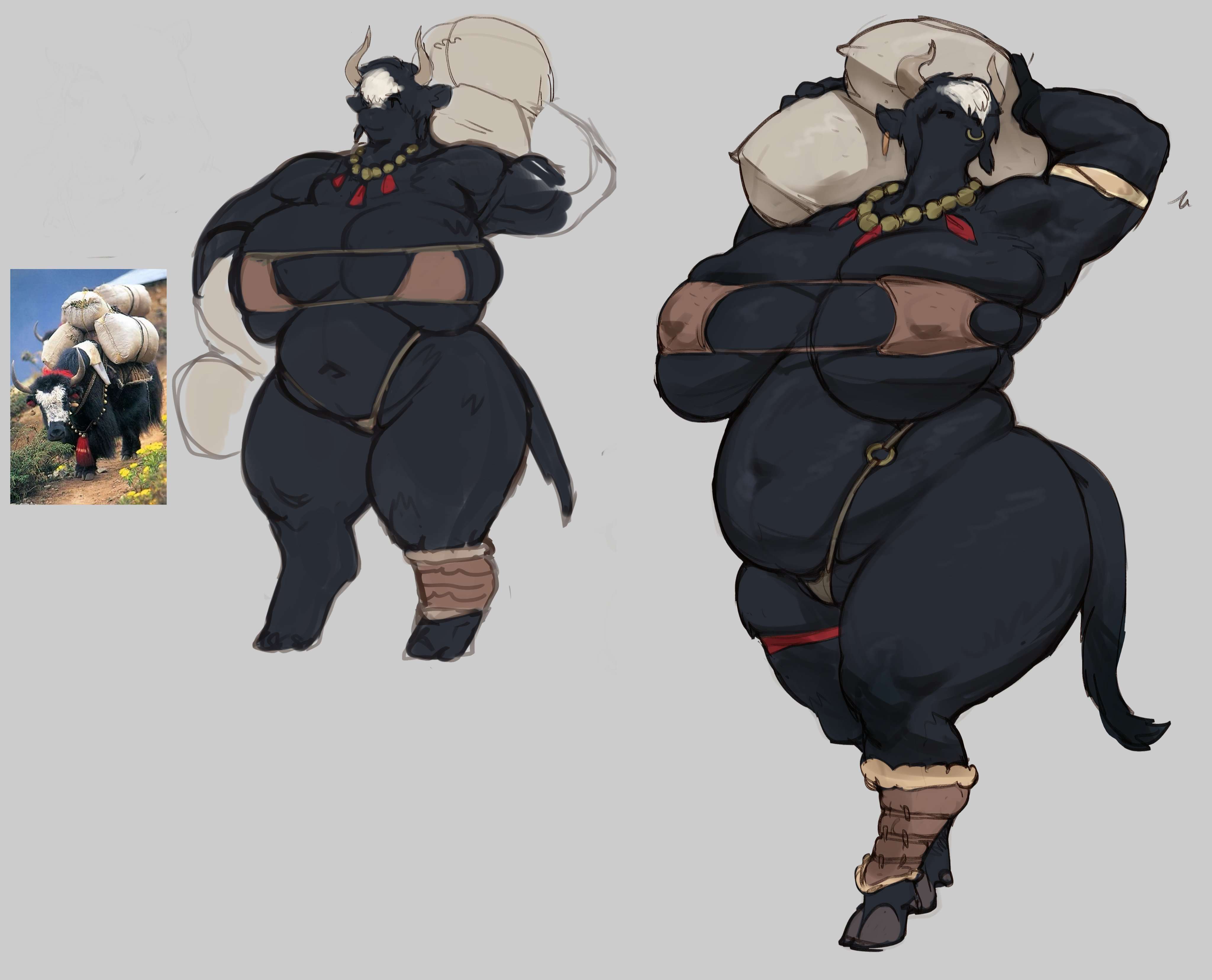 anthro, black hair, bovine, fat, female, female only, hooves, horns, slightly chubby, solo, solo female, strongfat, tagme (artist), tod0231