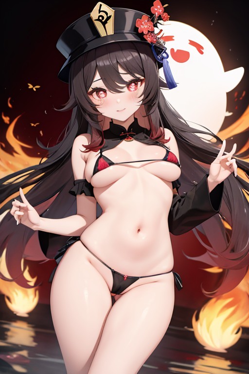 ai_generated blush boo_tao_(genshin_impact) curvy fire genshin_impact hu_tao_(genshin_impact) lemonybonksai long_hair medium_breasts micro_bikini red_eyes water