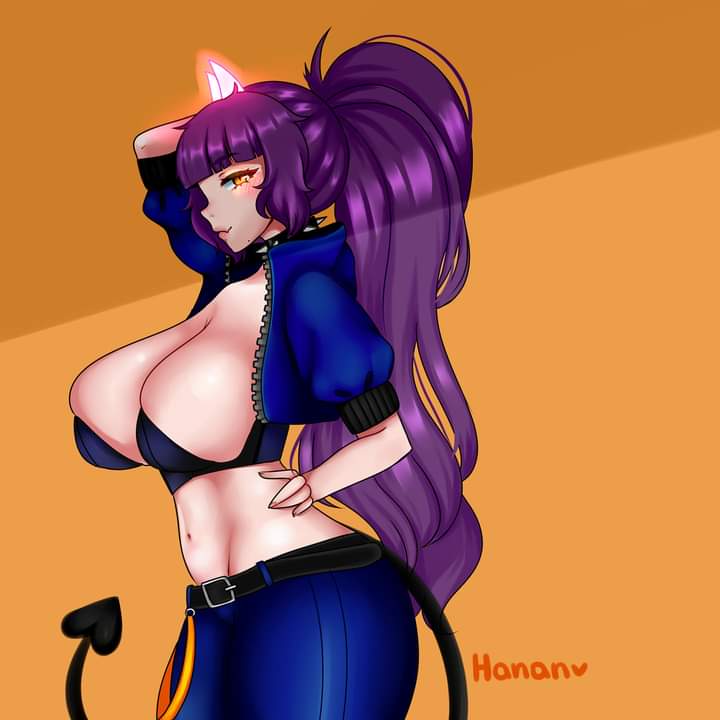 big_breasts clothed demon_girl fuamyero hanano_(oc) long_hair ponytail purple_hair seductive tagme