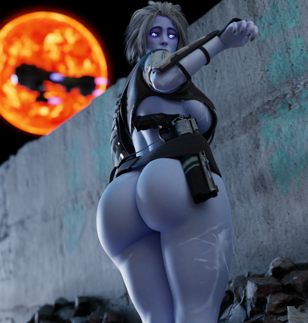 1girls 3d 3d_model ass awoken blue_skin bungie dat_ass destiny_(game) destiny_2 dustyboyo female female_only half-dressed looking_at_viewer mara_sov solo spaceship sun surprised white_hair