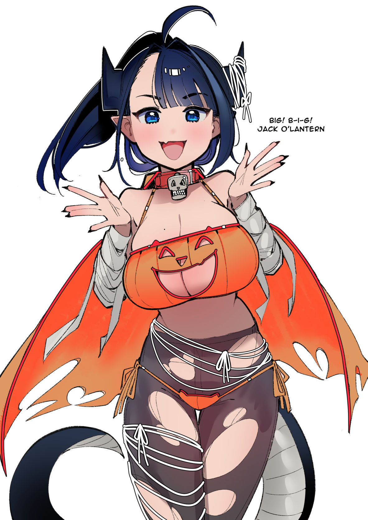 2d, big breasts, blue hair, breasts, cute, cute fang, dismassd, female, halloween, horns, looking at viewer, oc, pantyhose, smile, torn pantyhose, wings
