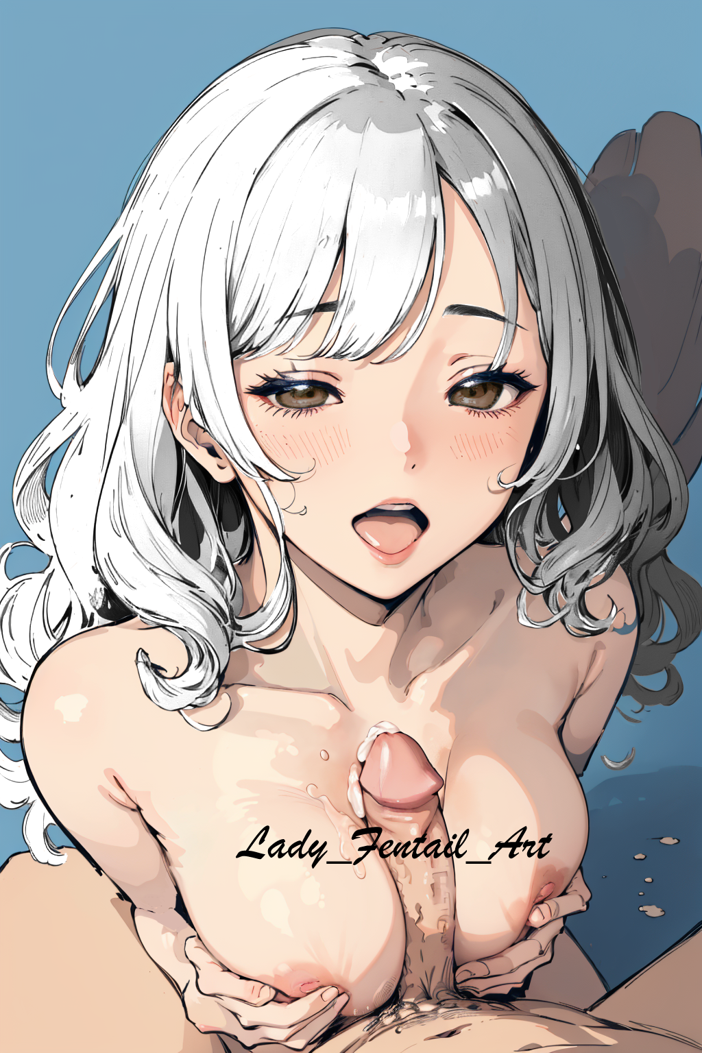 abstract_background ai_generated anime_style breasts brown_eyes cum curly_hair dick female front_pov long_hair naked nude pov pov_eye_contact solo_focus white_hair