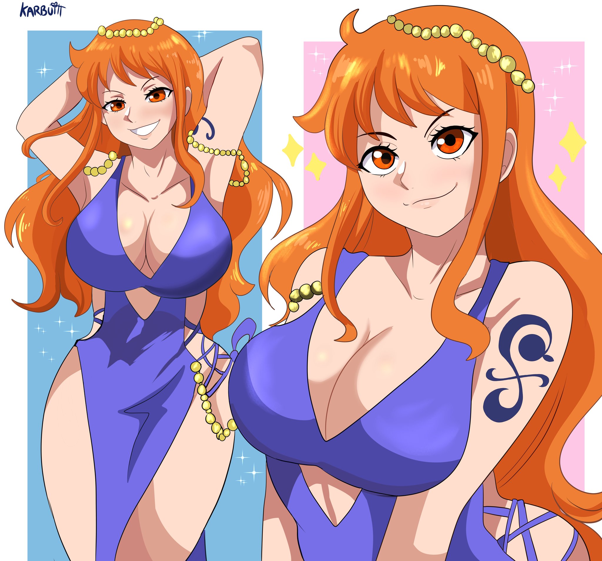 1girls, arm tattoo, blue tattoo, breasts, cleavage, dress, female, female only, hi res, huge breasts, karbuitt, light skin, light-skinned female, long hair, nami (one piece), nami (one piece) (zou), one piece, one piece: zou arc, orange hair, orange-haired female, post-timeskip, purple dress, shoulder tattoo, smile, tattoo