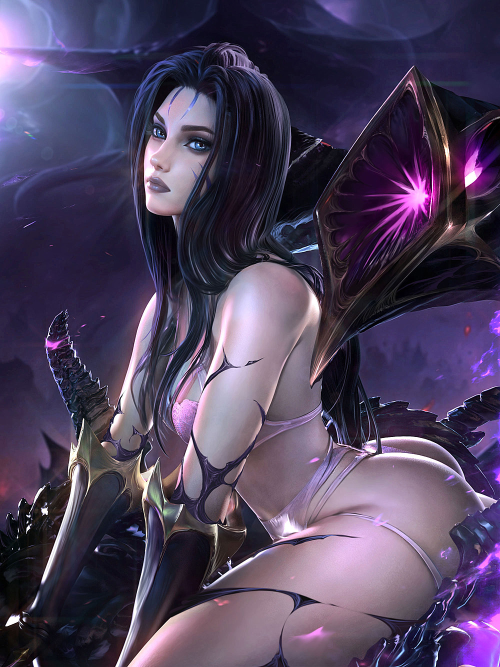 1girls, ass, big ass, black hair, breasts, dark hair, female, female focus, female only, huge ass, kai'sa, league of legends, light skin, light-skinned female, long hair, pink bra, pink lingerie, pink panties, pose, posing, purple hair, riot games, sevenbees, sitting, solo, solo female, thick thighs, thighs