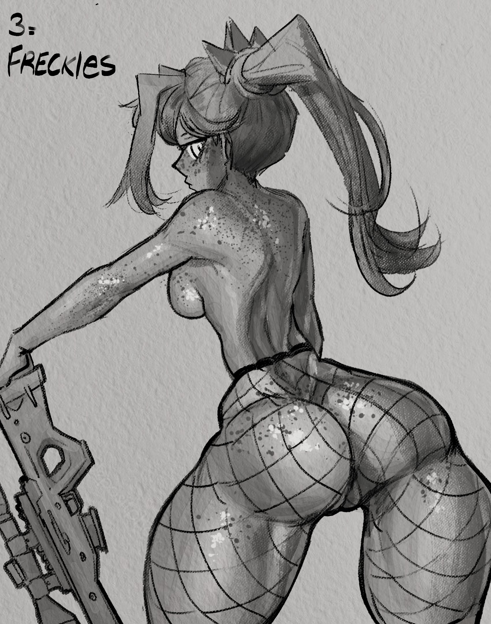 1girls, 2023, 2d, ass, back, back view, backboob, breasts, closed mouth, female, female only, fishnet legwear, fishnets, fortnite, freckles, freckles on arms, freckles on ass, freckles on back, freckles on breasts, freckles on face, freckles on shoulders, freckles on thighs, grey background, greyscale, gun, helsie (fortnite), hi res, large ass, leaning, lewdtober, looking back, lord moku, pussy, rear view, small waist, sniper, sniper rifle, solo, solo female, standing, thick thighs, thighs, viewed from behind, weapon, wide hips