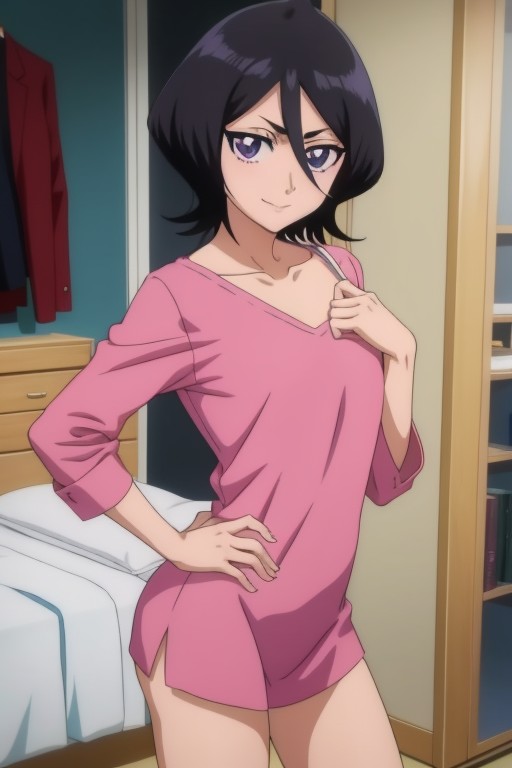 1girls, ai generated, bedroom, black hair, bleach, female, kuchiki rukia, long shirt, pajamas, smile