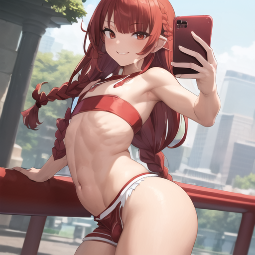 1boy, ai generated, ass, braided hair, femboy, feminine male, large ass, long hair, male, penis, penis bulge, red eyes, red hair, selfie, short shorts, smile, thick thighs, trap, tubetop