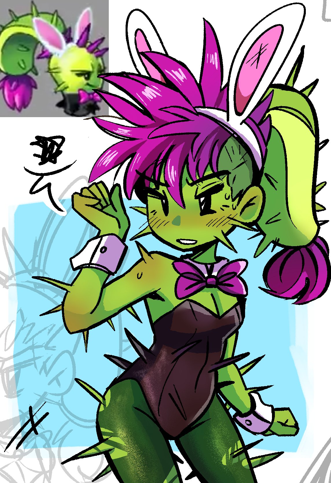 blush bracelet bunny_ears bunny_girl bunnysuit cactus dusk_lobber_(pvz) female green_body leotard looking_at_another pantyhose peargor pink_hair plant plant_girl plants_vs_zombies plants_vs_zombies_2:_it's_about_time tagme thorns torn_clothes