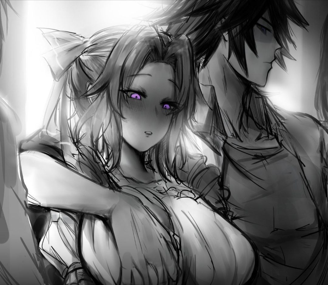 1girls, black hair, blush, breasts, couple, demon slayer, female, groping breasts, horny female, kimetsu no yaiba, kochou shinobu, kurenaiz1, large breasts, male, monochrome, purple eyes, tomioka giyuu