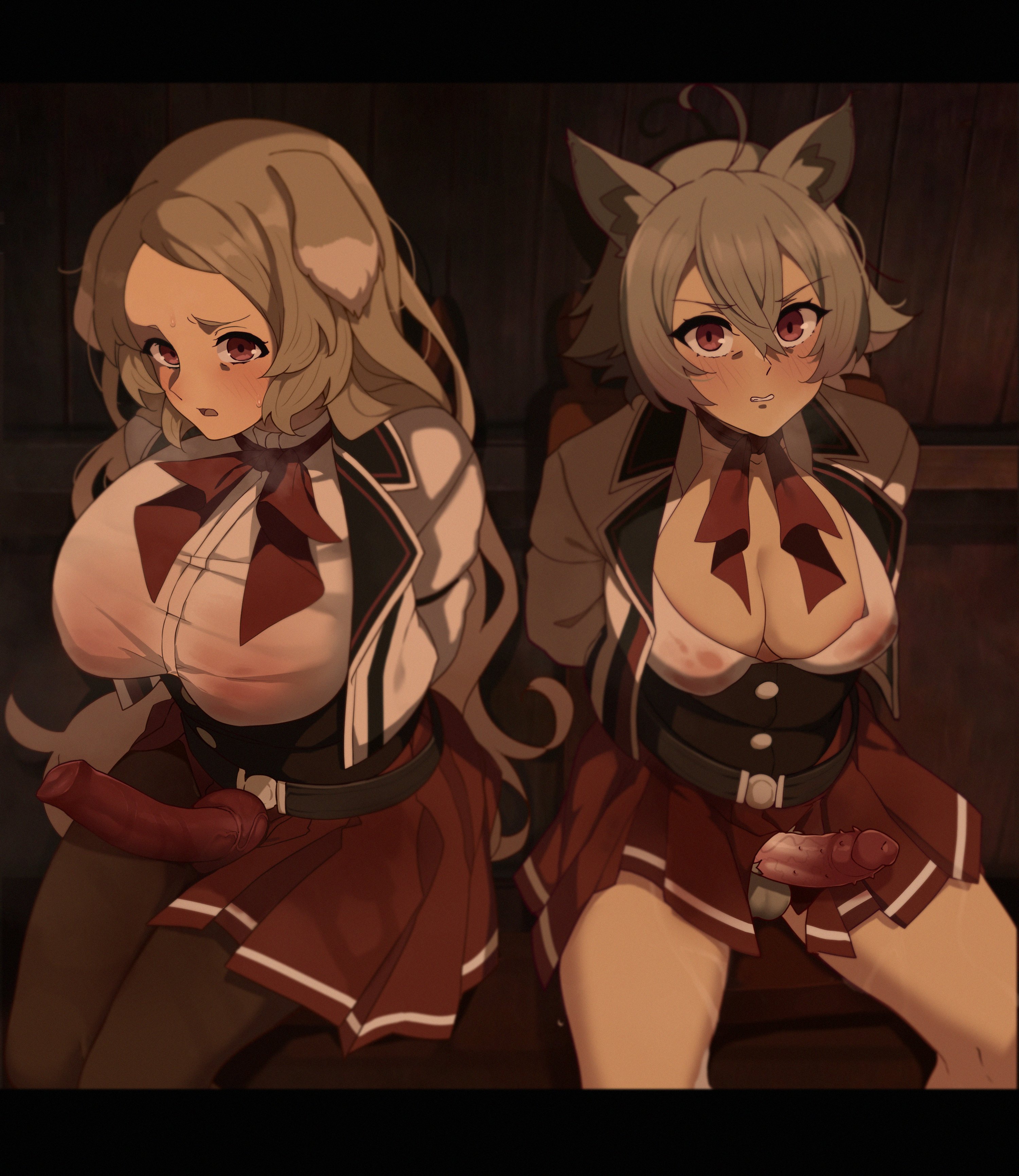 2futas, animal ears, futanari, grey fur, grey hair, intersex, linia dedoldia, long hair, mushoku tensei, mushoku tensei: isekai ittara honki dasu, pursena adoldia, red eyes, todding