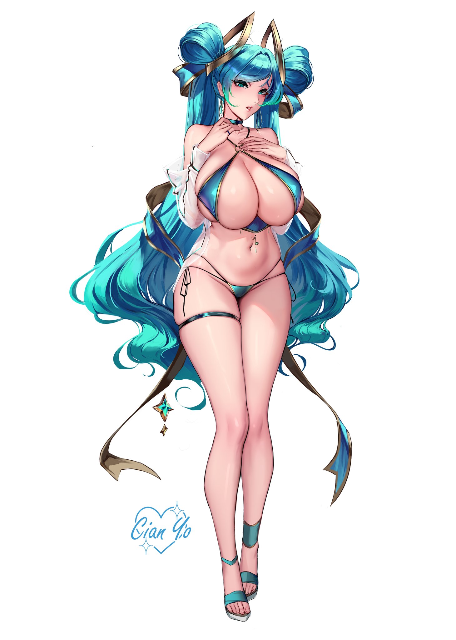 belly, belly button, big breasts, bikini, bikini bottom, bikini top, blue bikini, blue eyes, blue hair, blush, blushing, breasts, cianyo, collar, cute, female, female focus, female only, hips, hourglass figure, huge breasts, league of legends, legs, legs together, long hair, riot games, see-through, see-through clothing, solo, solo female, sona buvelle, thick thighs, thighs, twintails, very long hair, wide hips