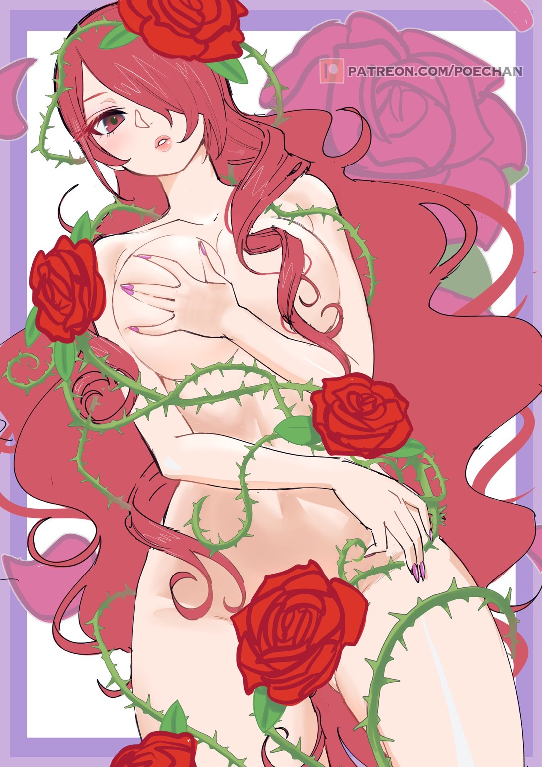 female, female only, looking at viewer, mitsuru kirijo, nail polish, nails, nude, persona, persona 3, poechan, red eyes, red hair, roses, solo, solo female, thorns