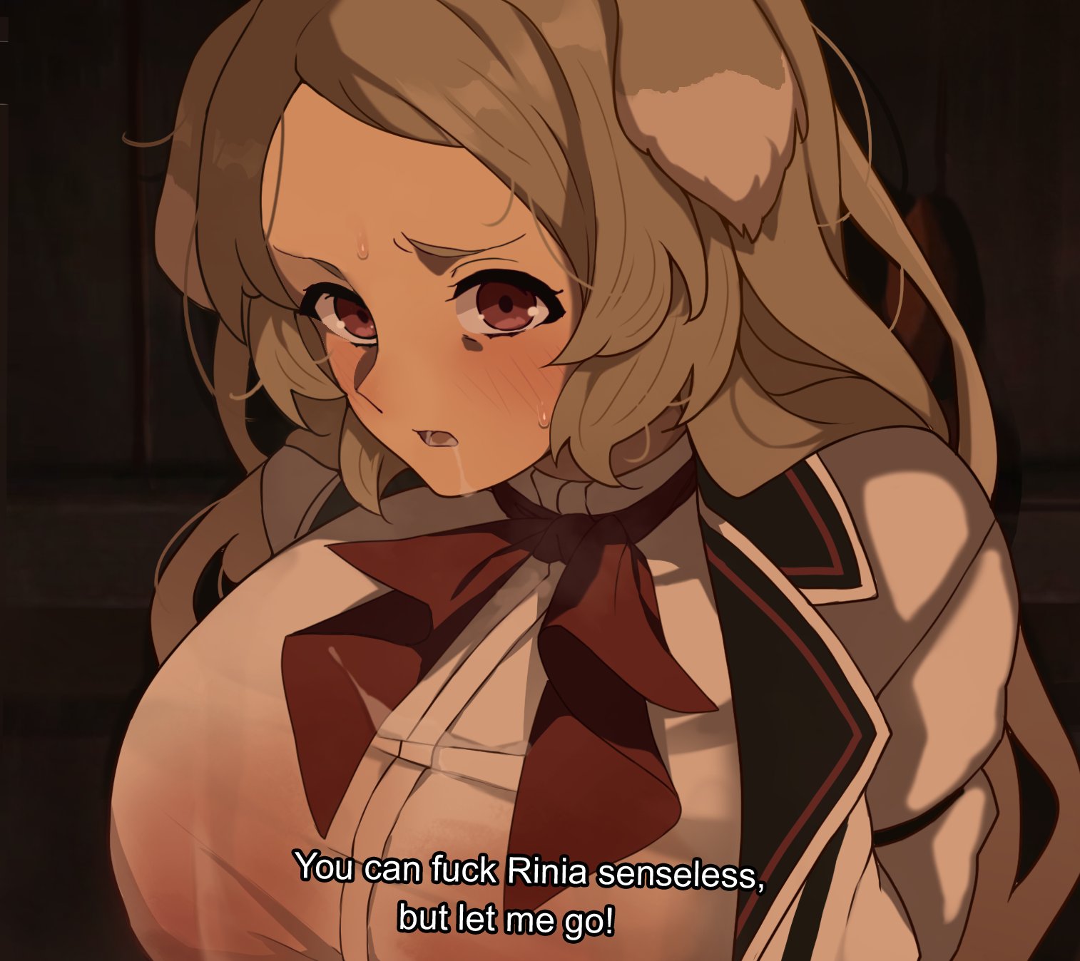 1girls, animal ears, english text, female, female only, grey fur, grey hair, long hair, mushoku tensei, mushoku tensei: isekai ittara honki dasu, pursena adoldia, red eyes, solo, text, todding