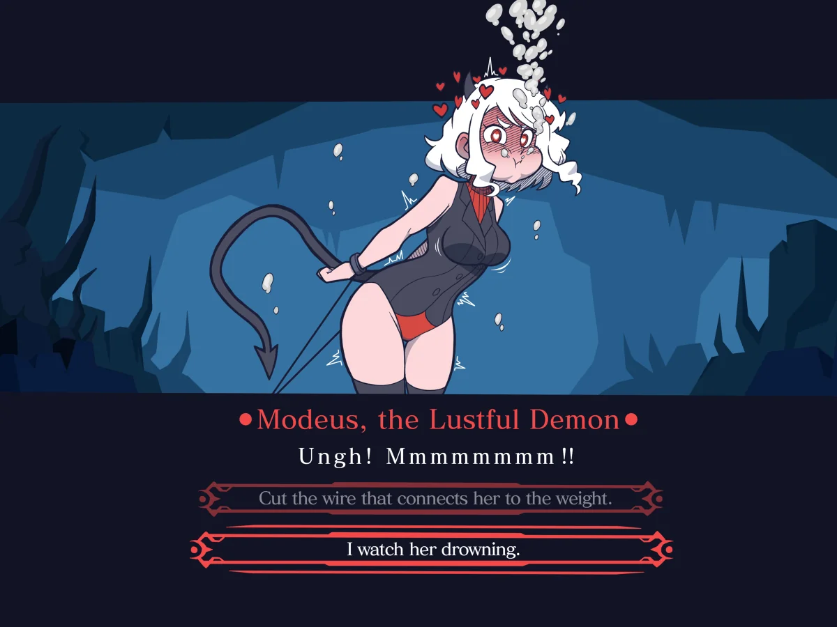 1girls, asphyxiation, bondage, bubbles, demon, demon girl, drowning, female, heart-shaped pupils, helltaker, holding breath, imminent death, modeus (helltaker), peril, puffed cheeks, submerged, underwater, white hair