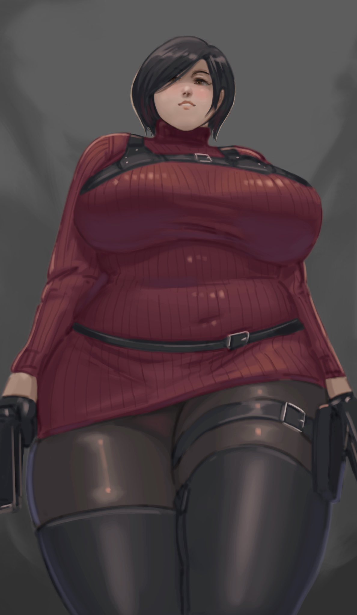 1girls, ada wong, alterxsu, asian, asian female, big breasts, breasts, female, from below, gun, guns, looking at viewer, looking down, pistol, resident evil, resident evil 4, thick thighs, thighs