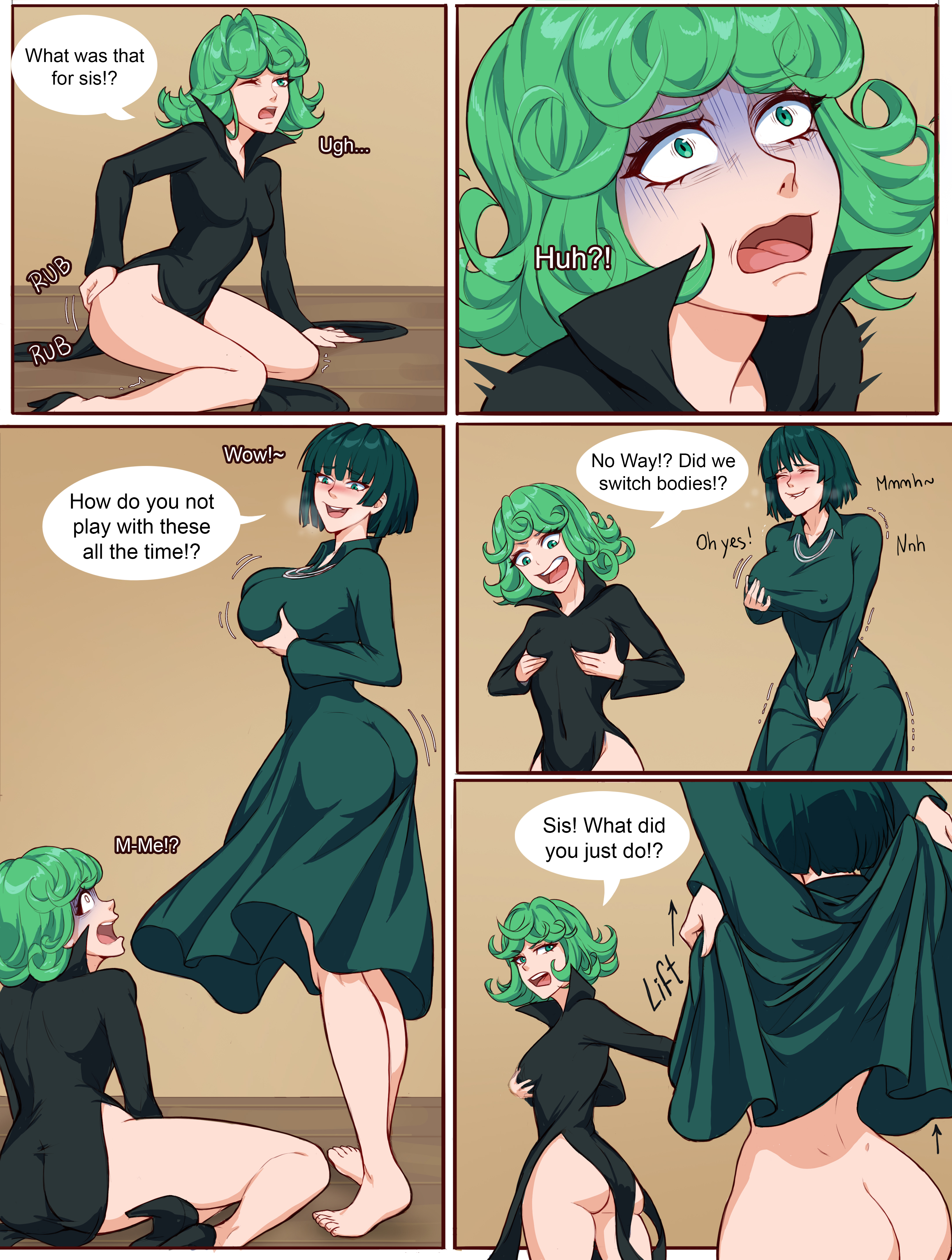 2girls, body swap, breasts, english text, esper sisters, female, female only, femdom, fubuki (one-punch man), green hair, incest, lesbian, lesbian sex, multiple females, multiple girls, one-punch man, sisters, tatsumaki, text, tsfsingularity, yuri