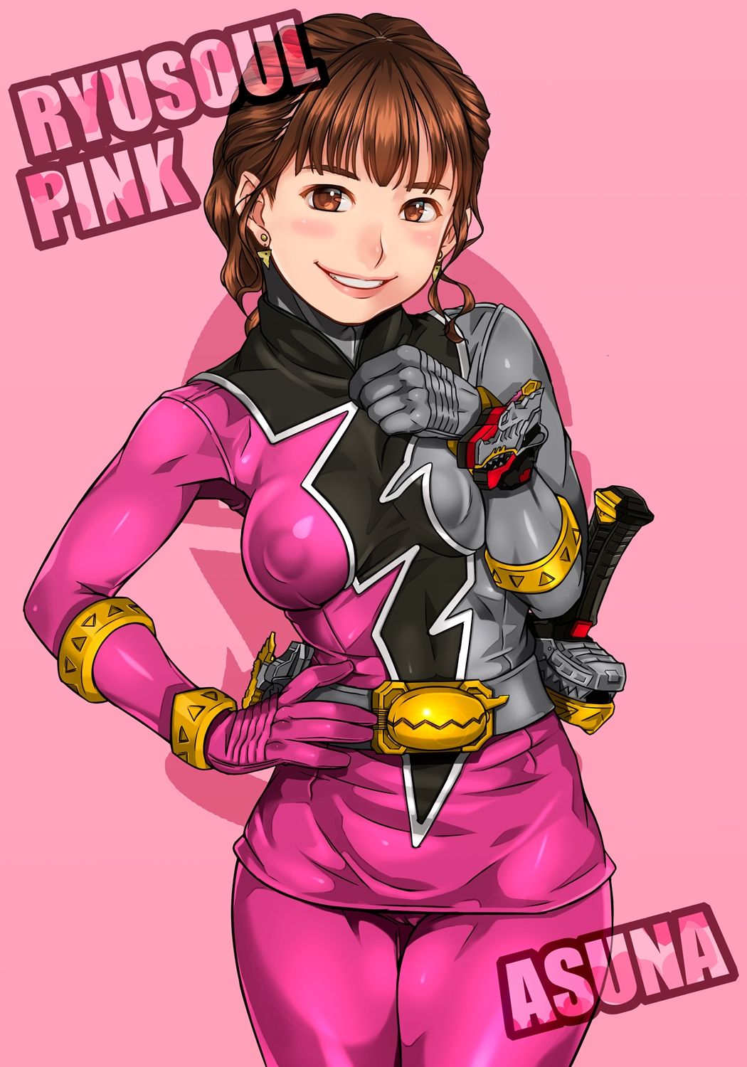 1girls asuna_(kishiryu_sentai_ryusoulger) belt blush bodysuit breasts brown_eyes brown_hair earrings eyebrows female_focus heroine kishiryu_sentai_ryusoulger looking_at_viewer medium_breasts pants pink_background pink_pants pink_shirt pink_skirt ryusoul_pink sakuradou shirt simple_background skirt smile solo solo_female standing suit super_sentai text thighs