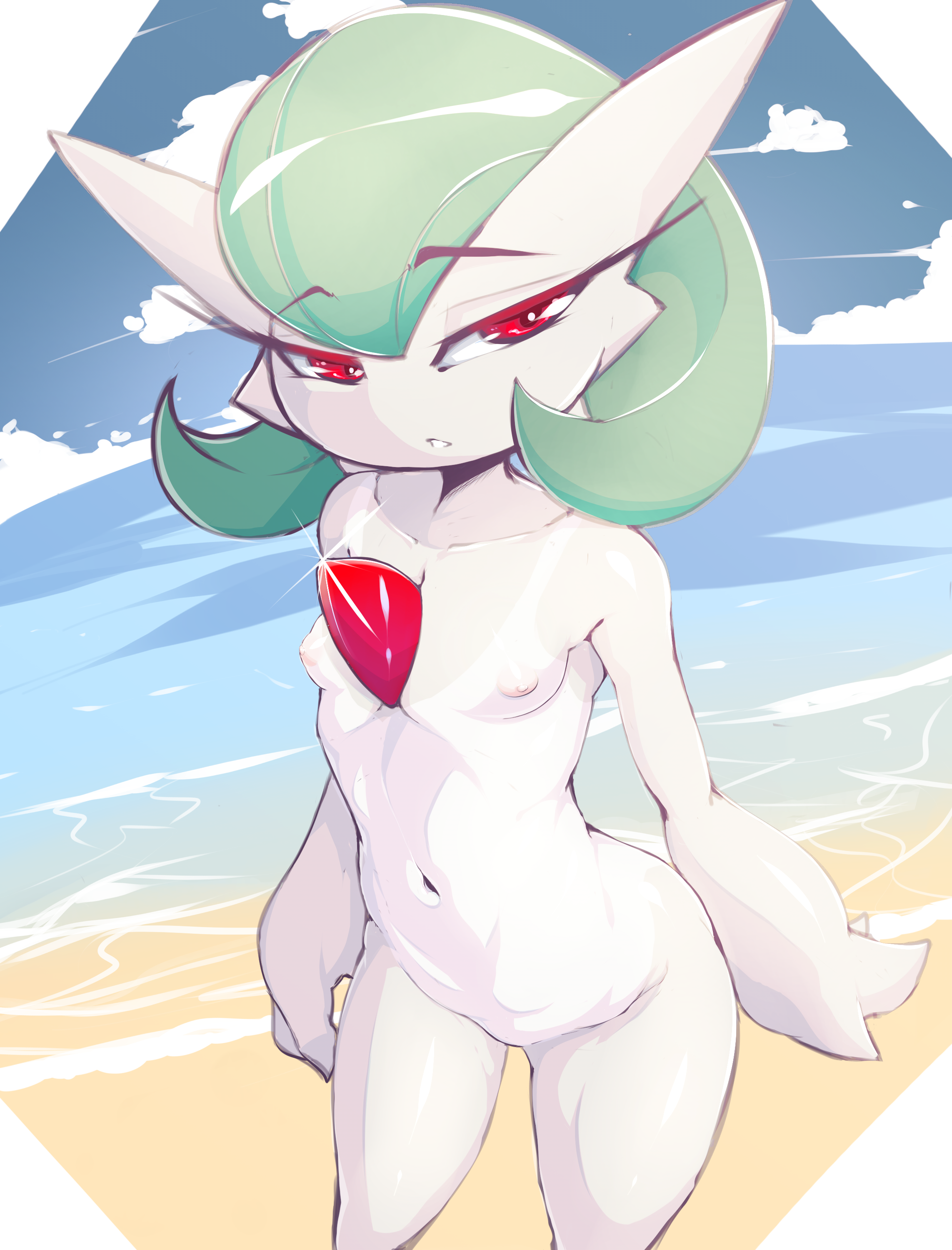 1girls, 2d, beach, breasts, completely nude, female, female only, fir3born, flat chest, flat chested, gardevoir, green hair, mosquito bites, nipples, no breasts, nude, nude female, nudist, nudist beach, outdoor nudity, outdoors, outside, pokemon, pokemon (species), pussy, red eyes, small breasts, solo female, standing, tanline, wide hips, young, young female, younger female