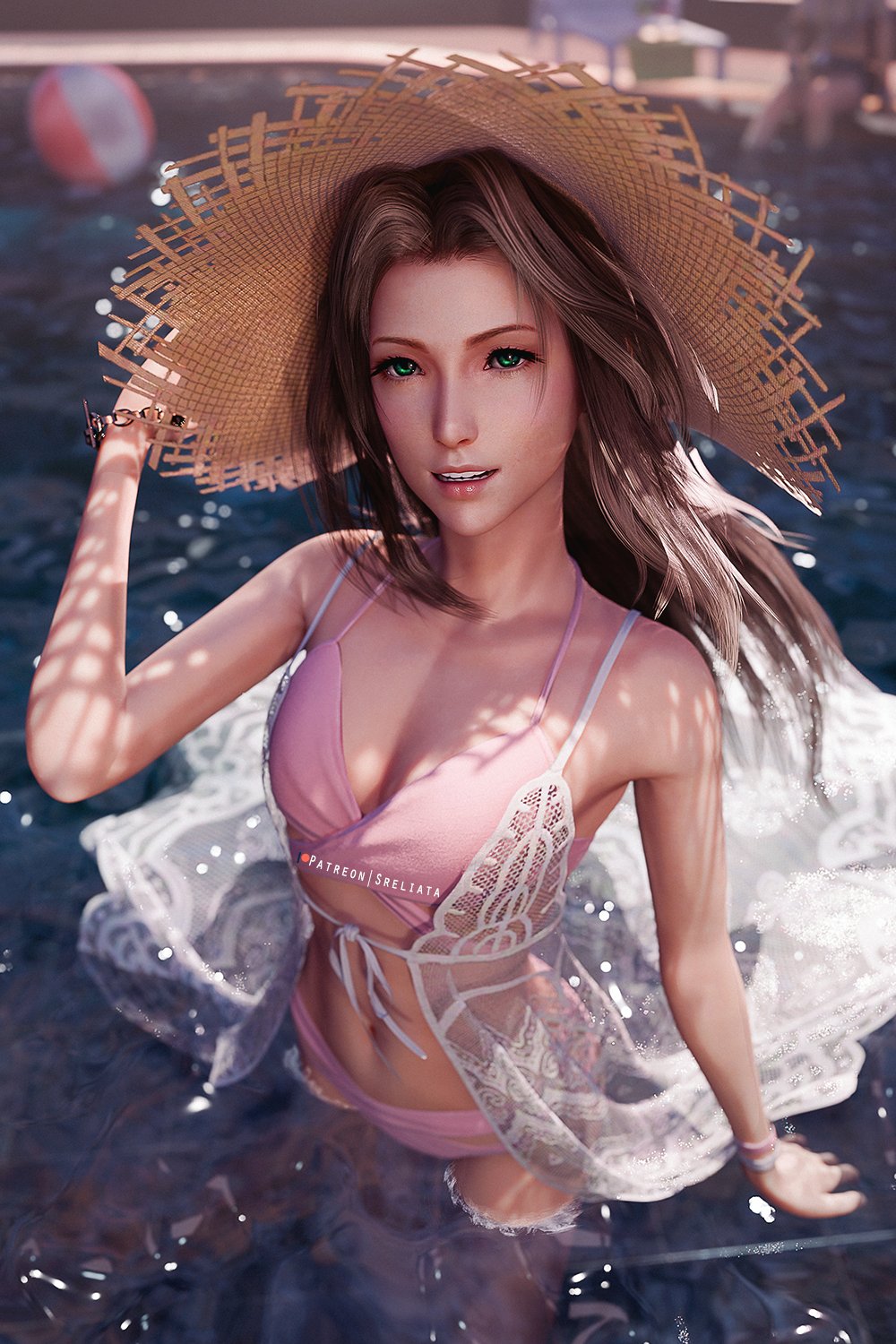 1girls 3d aerith_gainsborough bikini brown_hair female female_only final_fantasy final_fantasy_vii final_fantasy_vii_remake fully_clothed green_eyes hat light-skinned_female photorealistic pool poolside solo sreliata_(artist) sun_hat swimsuit water