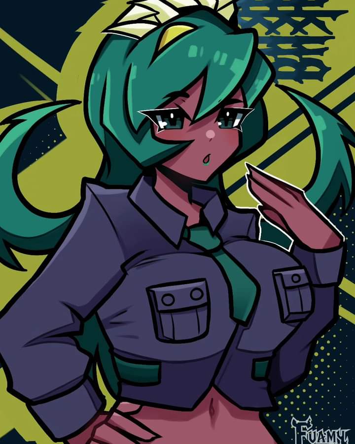 big_breasts dark-skinned_female fuamyero fukua_(skullgirls) green_hair school_uniform skullgirls tagme